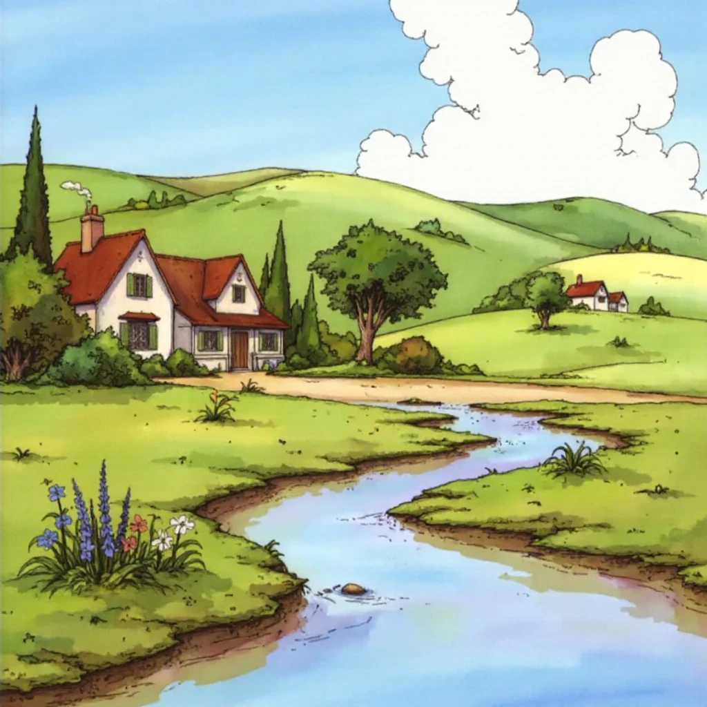 The painting is a pastoral scene inspired by the Impressionist style of the late 19th century, capturing the essence of nature with an ethereal quality. The landscape unfolds across a verdant meadow bathed in soft, dappled sunlight that dances across the lush green grass, creating subtle contrasts and highlights that give life to the scene. A gentle stream winds its way through the meadow, its crystalline waters reflecting the cerulean sky above, dotted with wispy clouds that add movement and depth. In the distance, quaint cottages are nestled among rolling hills, their roofs adorned with vibrant blooms of wildflowers, adding splashes of color to the serene backdrop. The architecture is simple yet charming, with chimneys sending up wisps of smoke into the air, suggesting life and warmth within. The hills themselves undulate gracefully towards the horizon, covered in a tapestry of varying shades of green and punctuated by solitary trees that sway gently in the breeze. The artwork is rendered in rich oil paint, allowing for a depth of color and texture that enhances its visual appeal. Despite the absence of an artist's signature, the brushwork exudes confidence and skill, with broad, fluid strokes that capture both the lightness and solidity of the scene. The painting invites viewers to immerse themselves in this tranquil world, where nature's beauty is captured in a fleeting moment, resonating with the Impressionist desire to convey emotion through color and atmosphere.