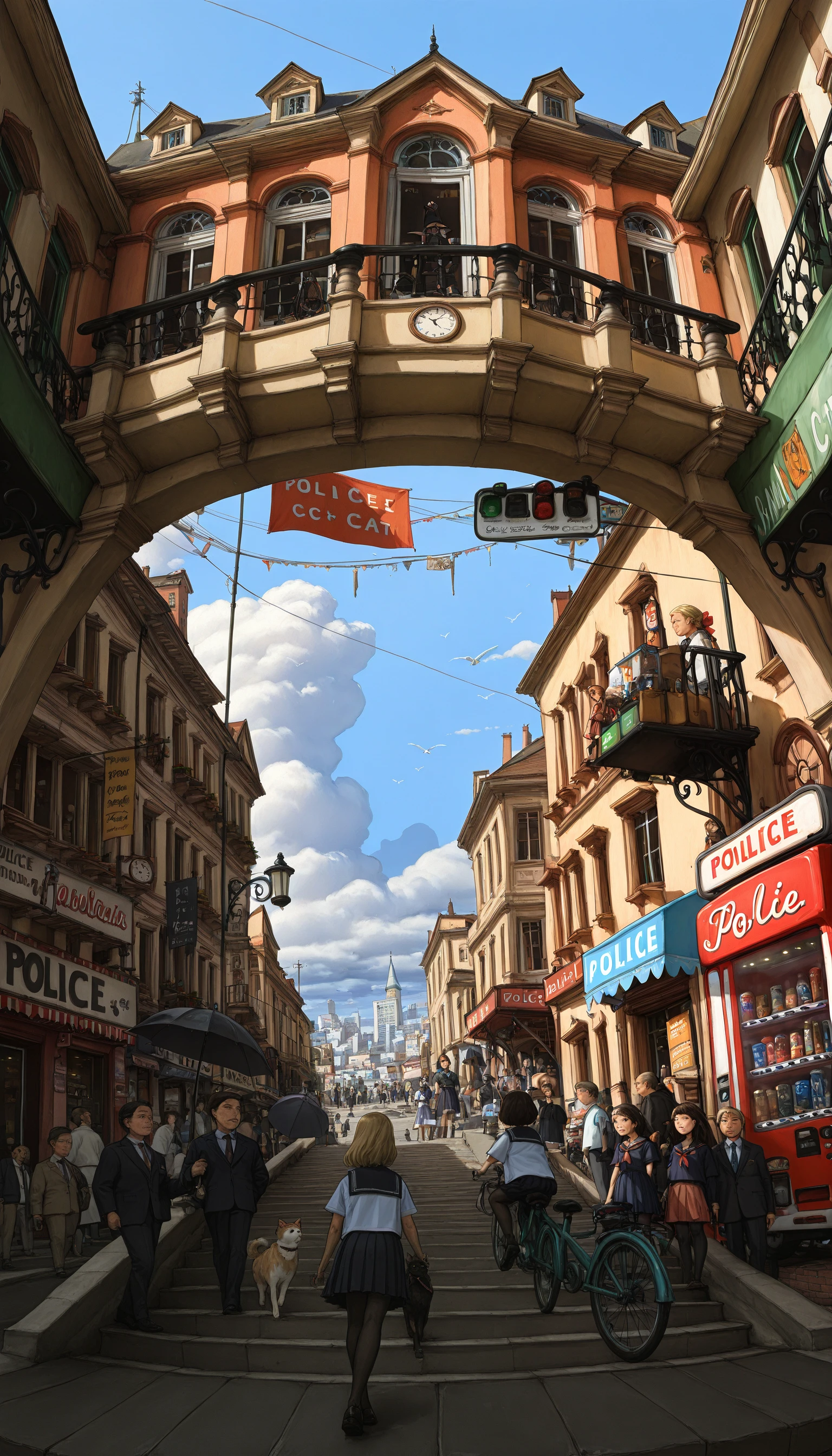 ((cartoon, landscape, cowboy_shot, dutch angle))
((on-the-brink, 1girl, street, road, long_hair, short_hair, multiple_girls, blonde_hair, skirt, brown_hair, black_hair, dress, original, bow, hair_bow, pantyhose, multiple_boys, necktie, serafuku, sky, outdoors, day, cloud, 2boys, bag, blue_sky, window, umbrella, bird, formal, cat, phone, crossover, building, scenery, motor_vehicle, dog, stairs, city, sign, everyone, clock, railing, witch, road, car, riding, cityscape, ranguage, house, black_cat, perspective, police, power_lines, lamppost, real_life, street, bicycle, crowd, album_cover, poster_(object), real_life_insert, road_sign, fisheye, shop, banner, town, traffic_light, balcony, vending_machine))