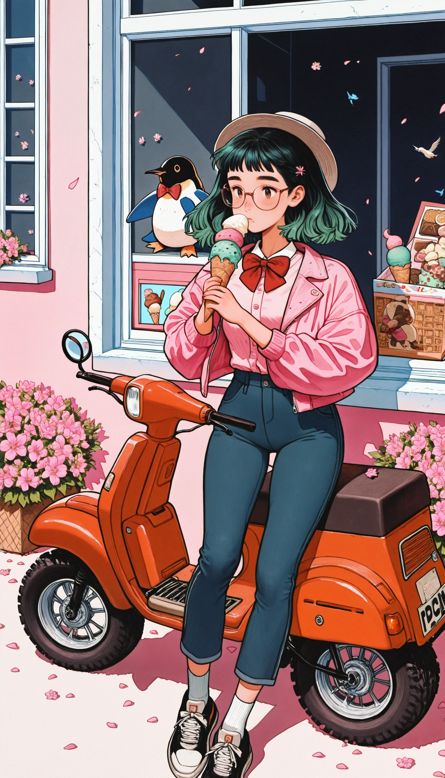 ((Cuti3C0mics 1girl, solo, shirt, black hair, hat, bow, holding, jacket, flower, food, green hair, shoes, glasses, socks, pants, bowtie, red bow, petals, window, shadow, bird, holding food, ground vehicle, red bowtie, motor vehicle, pink flower, ice cream, pink jacket, penguin ))