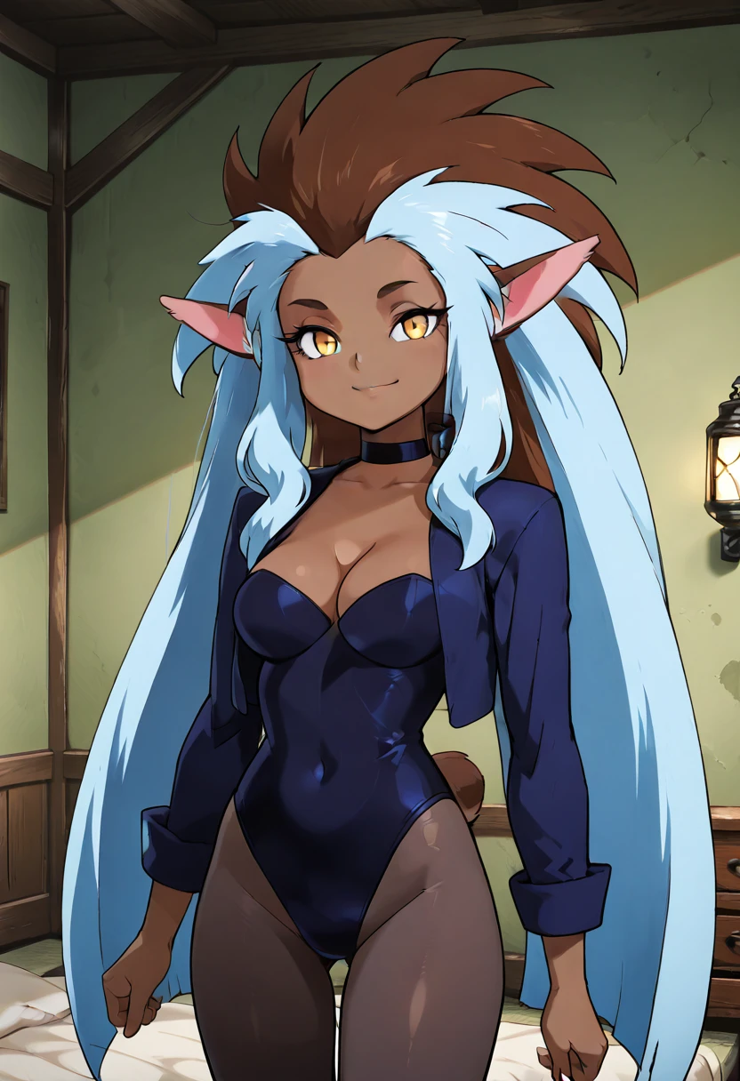masterpiece, best quality, 1girl, solo, eyelashes, (beautiful eyes),   1girl, solo, , zzRyouOuki, long hair, animal ears, dark skin, multicolored hair, blue hair, brown hair, yellow eyes, dark-skinned female, two-tone hair, spiked hair, very long hair, big hair, furry female,  smile, looking at viewer,   ,<lora:BlackCanaryJLUIXL:1.0>, cleavage, open jacket, pantyhose, black choker, leotard,   ,  <lora:RyouOukiIXL:1.0>,