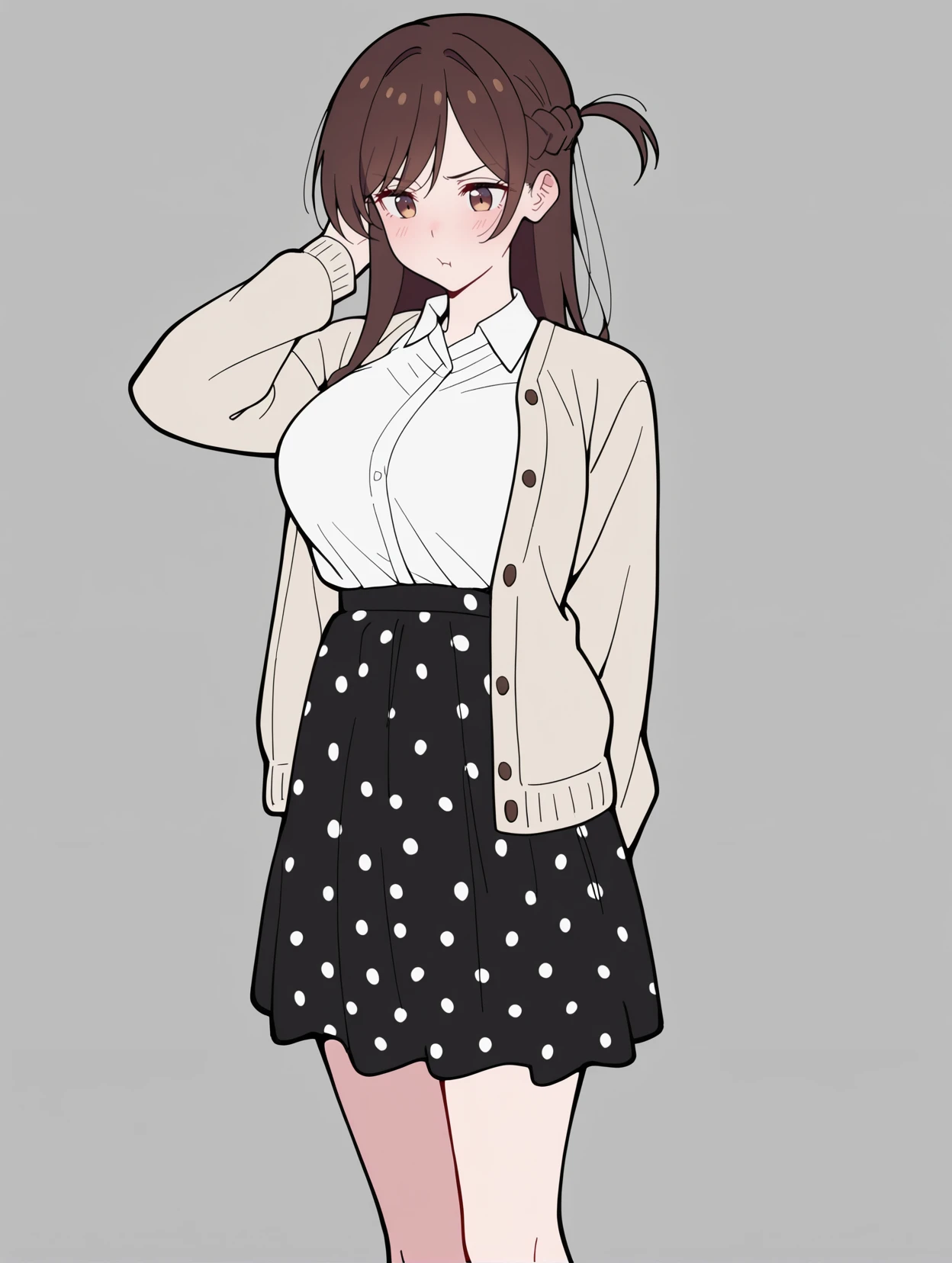 masterpiece,best quality,amazing quality,very aesthetic,absurdres,newest,
front view,full_shot,Pout,
ChinoseChizuruCYQL,1girl,solo,brown hair,long hair,bangs,braid,one side up,brown eyes,cardigan,open clothes,jacket,shirt,white shirt,collared shirt,skirt,black skirt,polka dot skirt,polka dot,polka dot dress,large breasts,
full body,standing,arm_behind_head,,
darkgray background,simple background,
flat color,sketchy,<lora:NoctFlatStyleILV0.6-Contrast:0.85>,,<lora:ChinoseChizuruCYQL:1>,