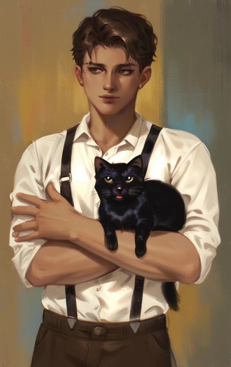 score_9, score_8_up, score_7_up, 1boy, solo, male focus, black suspenders, white shirt, brown hair, brown pants, carrying black cat, BREAK looking to the side, indoors, room, yellow wallpaper, peeled wallpaper <lora:fauxoil:1>