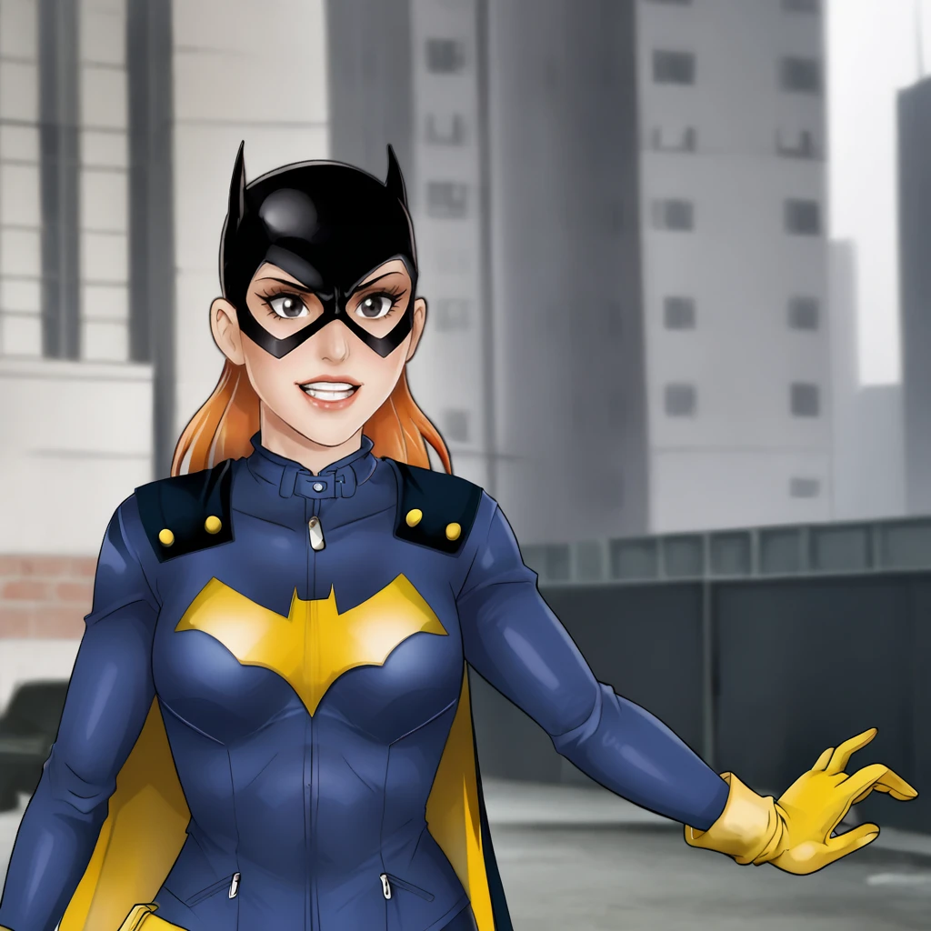 <lora:jago_pony_v3:1> score_9, jagodibuja_style, jagodibuja, source_artwork <lora:batgirlburnside_pony_v1:0.8> BatgirlBurnside, 1girl, cape, domino mask, bodysuit, gloves, superhero, orange hair, cowboy shot
