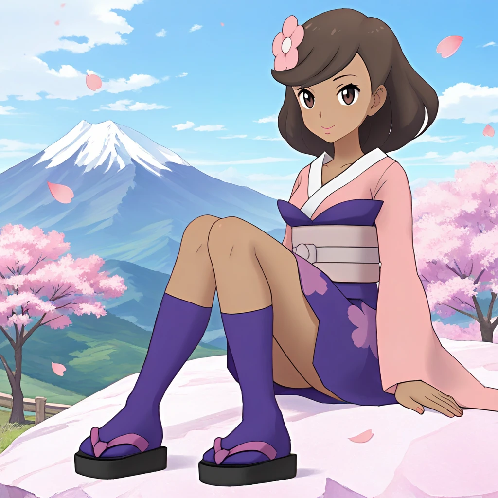 1girl, solo, sitting, on_rock, full_body, close-up,
cherry blossoms, mountain, sunshine, clear sky, colorful, woods, landscape, furiblossom, long_hair, brown_hair, hair_flower, dark_skinned_female, brown_eyes, japanese_clothes, kimono, sash, wide_sleevees, kneehighs, purple_socks, sandals
