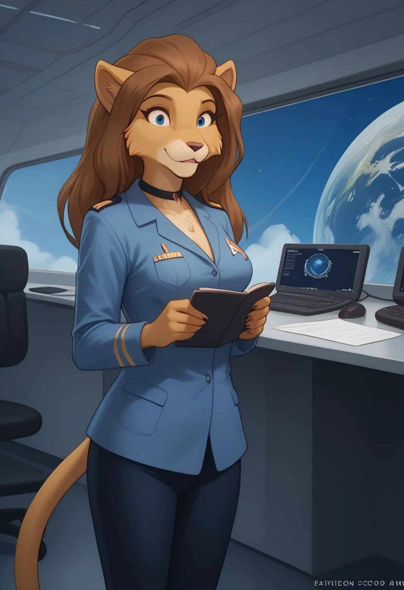 M'ress (star trek), eyes open, blue eyes, brown hair, long hair - SeaArt AI