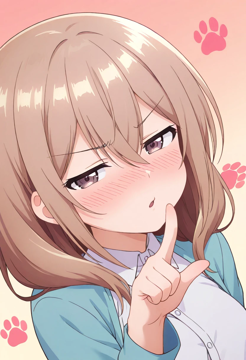 masterpiece, best quality, absurdres, very aesthetic, general,
katase shiori, 1girl, solo, blush, paw print, looking at viewer, pointing, pointing at viewer, white shirt, medium hair, eyebrows visible through hair, brown eyes, open mouth, paw print background, index finger raised, light brown hair, gradient background, brown hair, purple eyes, pout, dress shirt, hair between eyes, v-shaped eyebrows, streaked hair, blue jacket, collared shirt, short hair, poking, long hair, nose blush, half-closed eyes, simple background, grey hair, casual, angry, upper body, close-up, :t, raglan sleeves, blue cardigan, pink background, yellow background, parted lips, portrait, blue shirt, grey eyes, open jacket, face, pink eyes, embarrassed, blue eyes, shiny hair, open cardigan, white background, long sleeves, wing collar, finger to mouth, shiny, furrowed brow
<lora:katase_shiori_illustXL_locon_v1:0.7>
