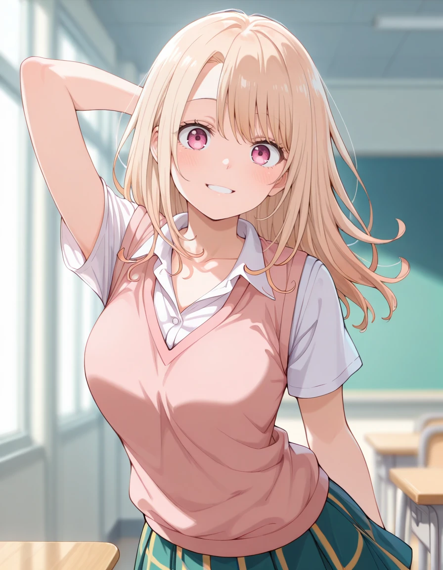 masterpiece, best quality, amazing quality,
1girl, solo, blurry background, looking at viewer, cowboy shot, classroom, happy,
mona kawai (medakawa), long hair, blonde hair, parted bangs, pink eyes,
school uniform, white collared shirt, pink sweater vest, collarbone, short sleeves, arm behind head, armpit peek,
<lora:mona_kawai-medakawa_s1-ixl-anime-soralz:1>