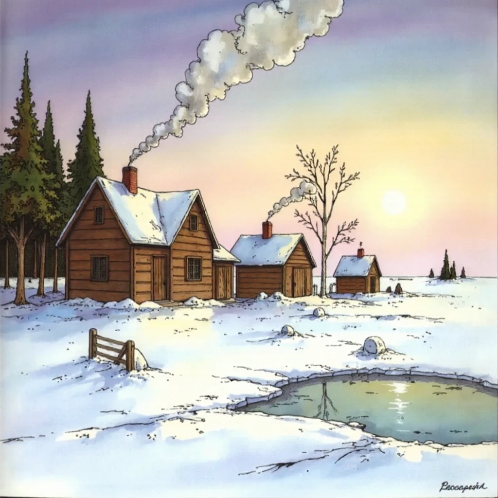 The painting captures a serene winter evening in a Russian village, embodying the essence of late 19th-century Impressionism. The canvas is blanketed in a gentle layer of snow that softens the landscape, transforming it into a tranquil tableau under the fading light of dusk. Wisps of smoke curl lazily upwards from the chimneys of quaint wooden houses, adding warmth and life to the scene. The dwindling sunlight casts long, delicate shadows across the snowy ground, while the sky is tinged with hues of soft purples and oranges, reflecting off the snow in a subtle glow. In the background, dark silhouettes of birch trees stand tall against the twilight sky, their branches outlined by the last flickers of daylight. Nearby, a small frozen pond glistens like a mirror, capturing the ethereal beauty of this wintry moment. The soft brushstrokes convey a sense of immediacy and movement, typical of Impressionist technique, inviting viewers to feel the crisp chill in the air and hear the distant echoes of village life winding down for the night. Despite being unsigned, the painting exudes an unmistakable charm and authenticity, with its detailed rendering of textures and colors creating a vivid sensory experience. The interplay of light and shadow gives depth to the scene, drawing viewers into this peaceful winter world where time seems to pause in reverence of nature's quiet beauty.