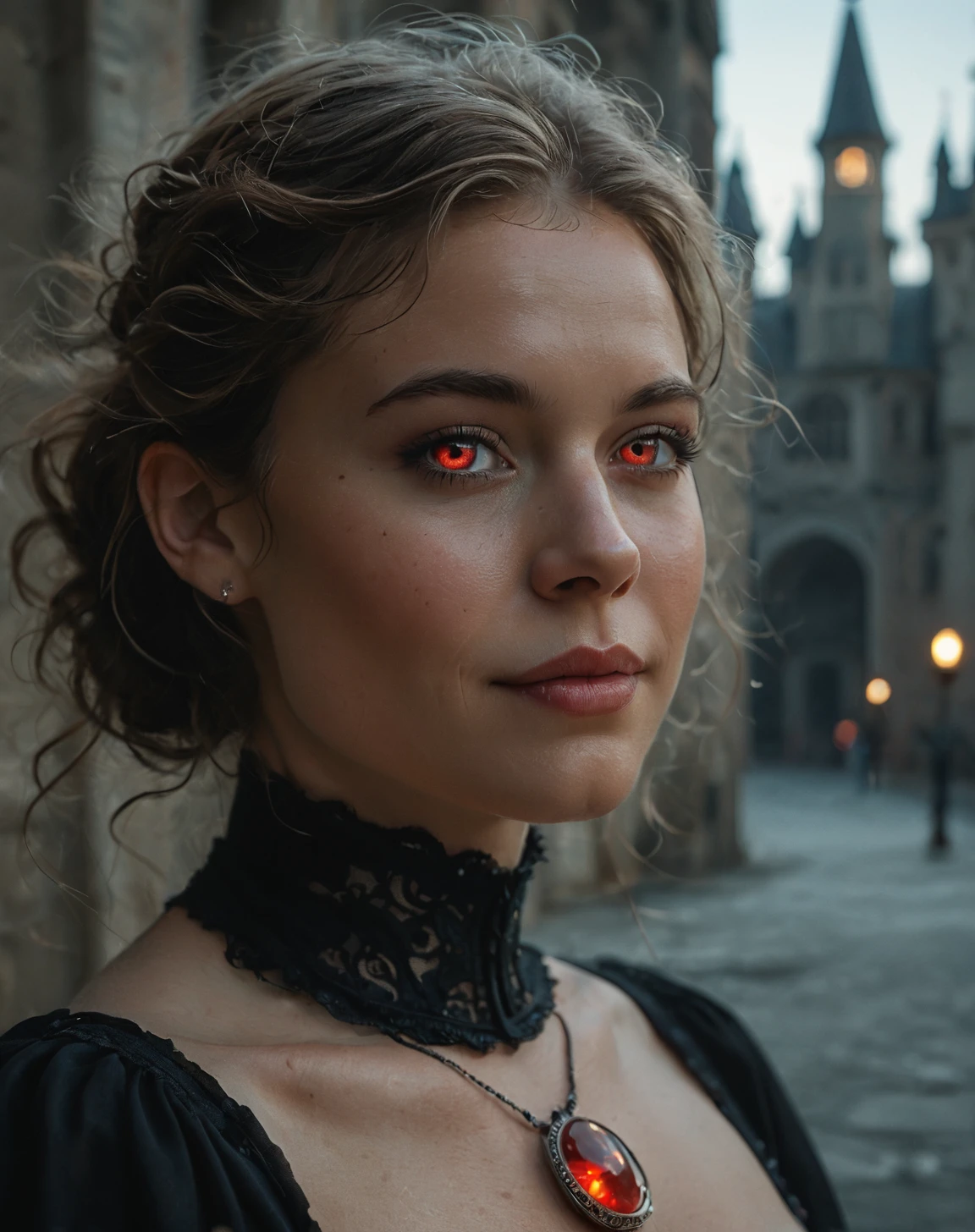 ((gothic)), woman, mature:1.5, (vampire), (small fangs), large breasts, (hair put up), glowing red eyes, cleavage, corset, dress, (red amulet), castle, (smile), fog:1.5, (night:1.5), portrait, (close up:1.5), high contrast, dramatic shadows, (film grain:1.5), very soft lighting
BREAK (finest details, hires, high quality, realistic colors, true color palette:1.15), (score_9, score_8_up, source_photo, source_real, rating_explicit, high details. source_photo. content_realistic. analog_photograph:1.1). eyedetailpxl,
BREAK soft focus, (shallow depth of field, Helios_44_2 swirly bokeh:0.6), (light leaks, gloom:0.4), (analog film simulation:0.8),
<lora:detailed_notrigger:0.35>