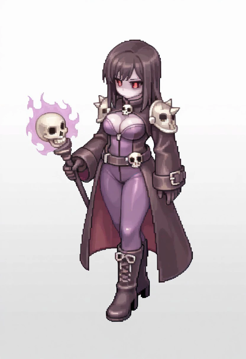 masterpiece, ultra-detailed, illustration, high resolution, anime CG, official art, game CG, unity 8k wallpaper, best quality, amazing quality, very detailed, sharp focus, dramatic lighting, simple background, white background,
A dark necromancer witch with pale skin, piercing crimson eyes, and long, flowing jet-black hair. She wears a sleek leather coat reminiscent of the Matrix, open to reveal a form-fitting purple bodysuit. Her bodysuit is adorned with intricate skull motifs and embedded with small, glowing egg-like gems along the torso and legs. Massive Sharp, spiked pauldrons enhance her silhouette, exuding a menacing aura. She stands confidently in high-heeled boots, her presence both regal and terrifying.
(attire: black leather coat, purple bodysuit with skull and egg details, spiked shoulder pads, high-heeled boots)
(details: dark magical energy swirling around her, a staff topped with a glowing skull in one hand, faint skeletal hands emerging from the ground, a dimly lit gothic castle in the background)
ROSPRITES, ROSPRITE, medium sag breasts,bursting breasts