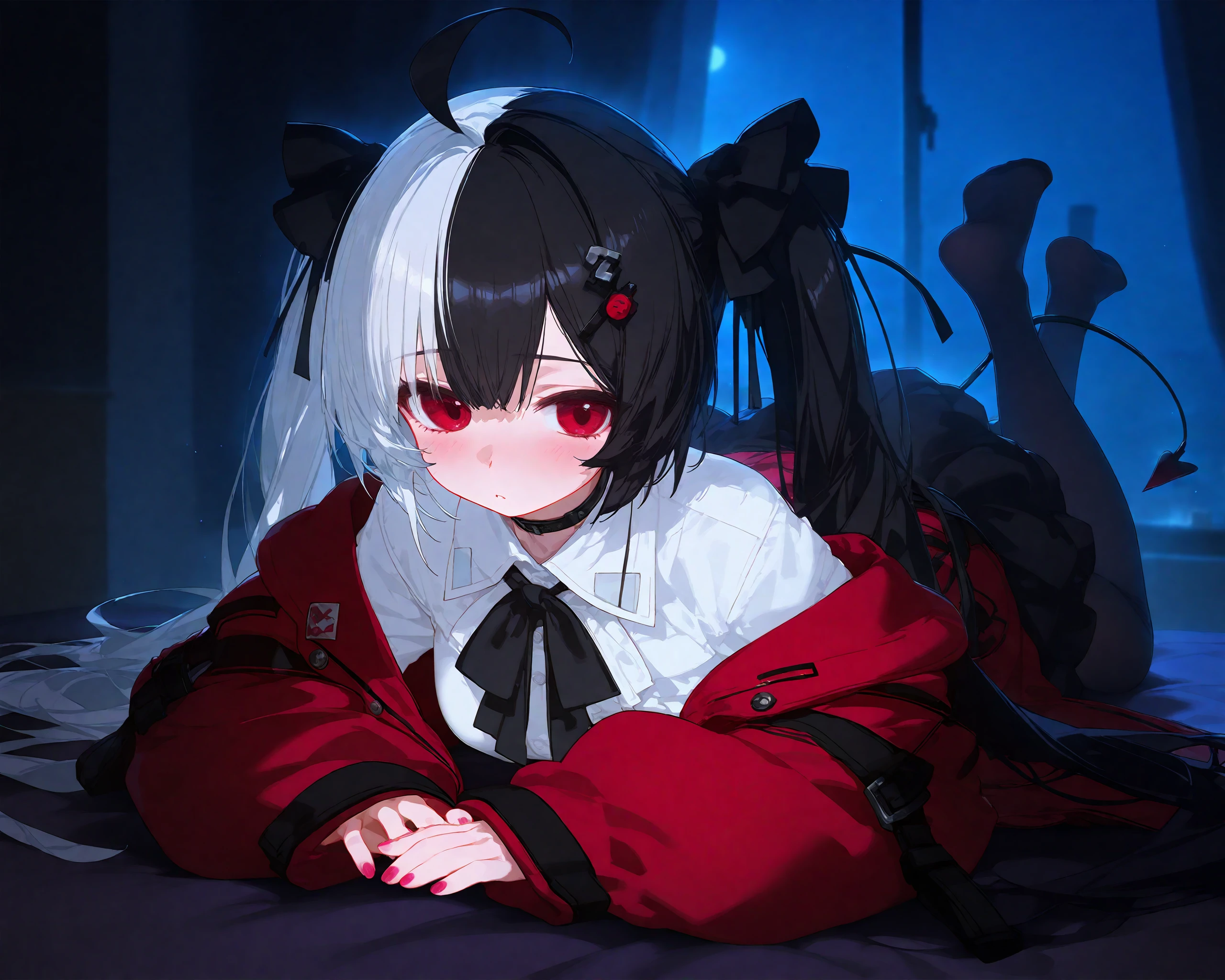 <lora:kuronoomikuzi-000026:0.9>,kuronoomikuzi,<lora:ai_styles_collection_noob_vpred-1.0-v4.02:0.8>,memento mori,[[nyalia]],[[xi410_type2]],masterpiece,best quality,very aesthetic,absurdres,highres,8k,(focus on female),<lora:Lacrimosa_IL-000016:0.9>,solo,1girl,red eyes,twintails,black hair,split-color hair,white hair,hairpin,hair ornament,black ribbon,black choker,nail polish,red coat,white shirt,black skirt,black pantyhose,tail,indoors,night,dark,moonlight,blurry background,on_stomach,