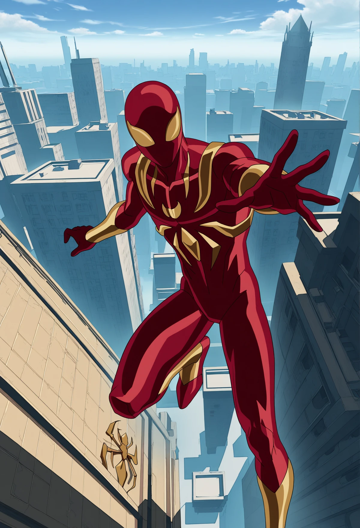 masterpiece,best quality,very aesthetic,absurdres,newest,1boy,solo,red armor, red bodysuit, gold spider emblem, spdrarmor, closed helmet, mask, yellow eyes, gold bracers,mechanical spider legs,reaching hand out, fighting,<lora:Ultimate_web_warriors:0.7>,city,