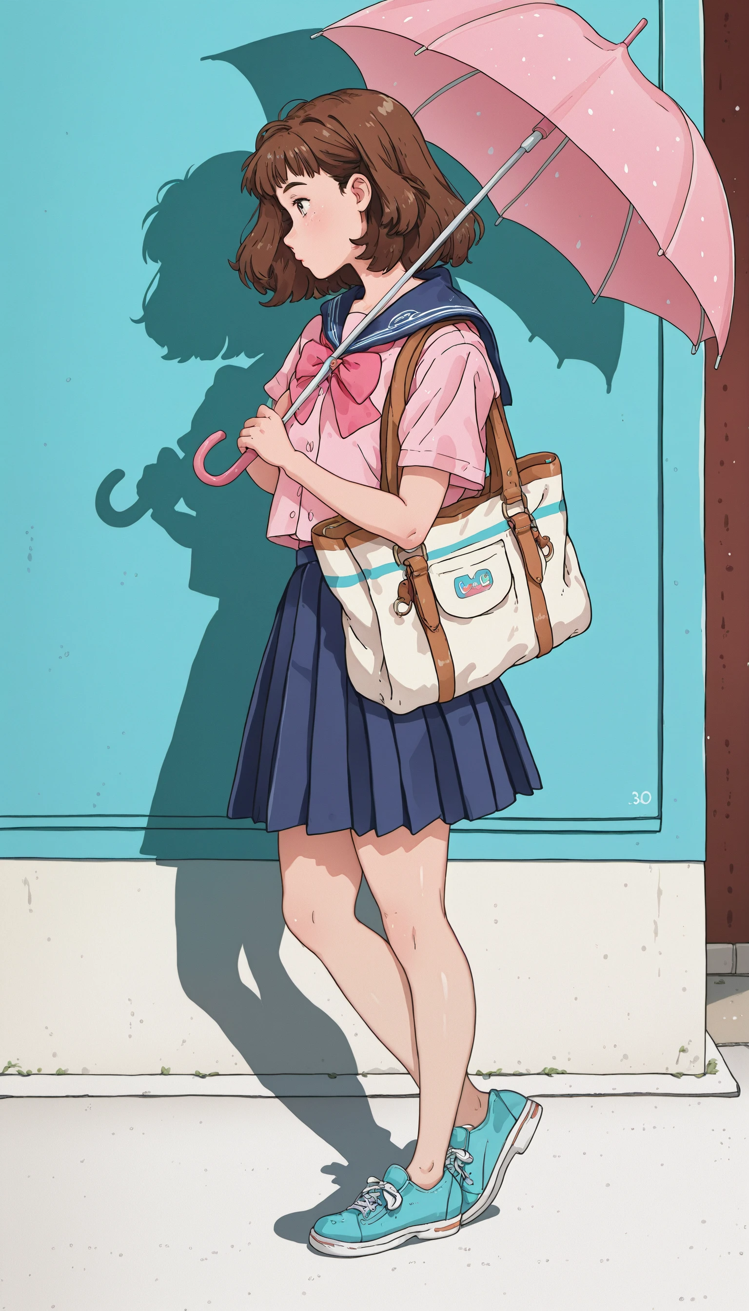 ((Cuti3C0mics, 1girl, shoes, solo, umbrella, bag, shirt, skirt, shadow, short sleeves, profile, brown hair, aqua footwear, pink shirt, pleated skirt, sailor collar))