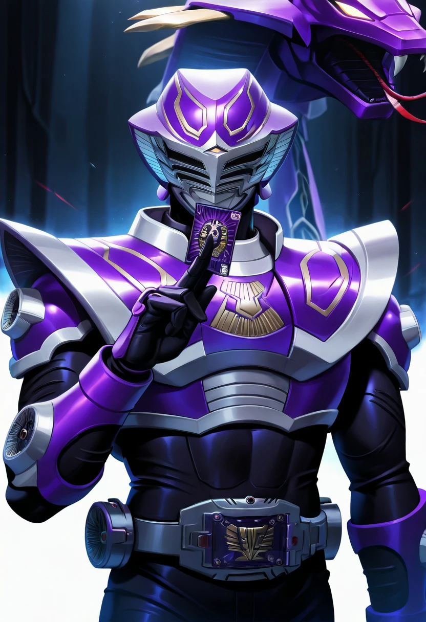 krouja,venosnaker,solo,1boy,white background,upper body,armor,bodysuit,helmet,tokusatsu<lora:oujaIL:1>purple theme,non-humanoid robot, holding card very awa, masterpiece, best quality, amazing quality, very aesthetic, absurdres, newest, scenery, (volumetric lighting), <lora:spo_sdxl_10ep_4k-data_lora_webui:1>