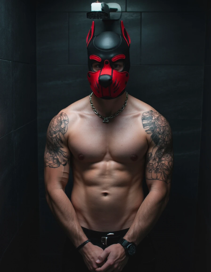Pup mask with red and black designs and ears. A nude muscular man standing in the shower. The room is dark and Moody. He is wearing a pup mask with bikes and the colors are red and black.