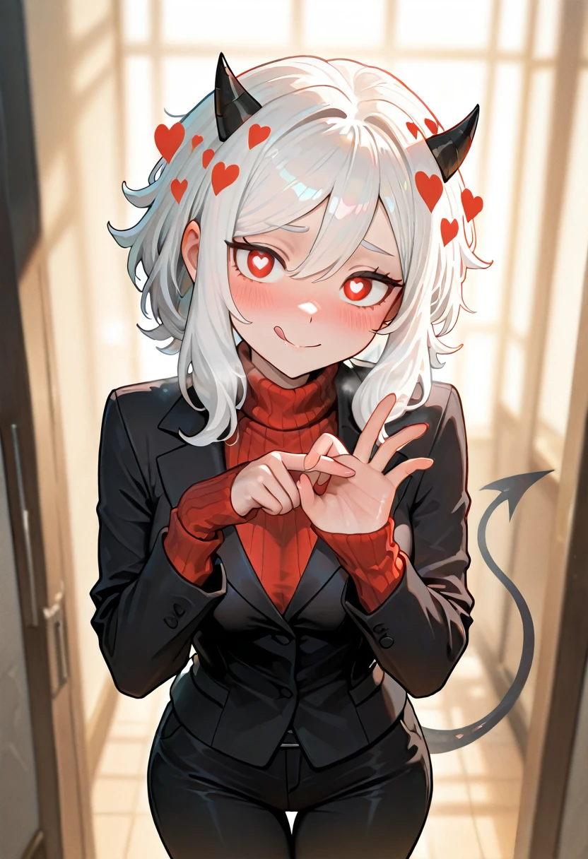 1girl, modeus \(helltaker\),
red eyes, heart-shaped pupils, white hair, short hair with long locks,
demon horns, black horns, demon tail,
red sweater, black suit, black pants, black jacket,
naughty face, blush, seductive smile, come hither,
penetration gesture,
dynamic pose,
looking at viewer,
licking lips,
indoors, bedroom,
colorful, shiny skin,
masterpiece, best quality, amazing quality, very aesthetic, absurdres, newest, scenery, (volumetric lighting:1.1), depth of field <lora:Penetration_gesture:1>