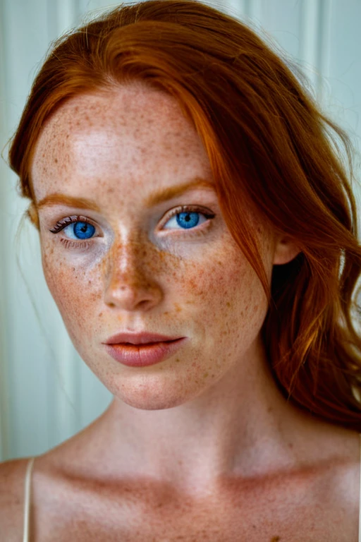 masterpeice, best quality, ultra realistic, freckles, freckled skin, 1girl, solo, long hair, looking at viewer, blue eyes, cleavage, jewelry, parted lips, lips, freckles, realistic, <lora:Freckles_XL:1>