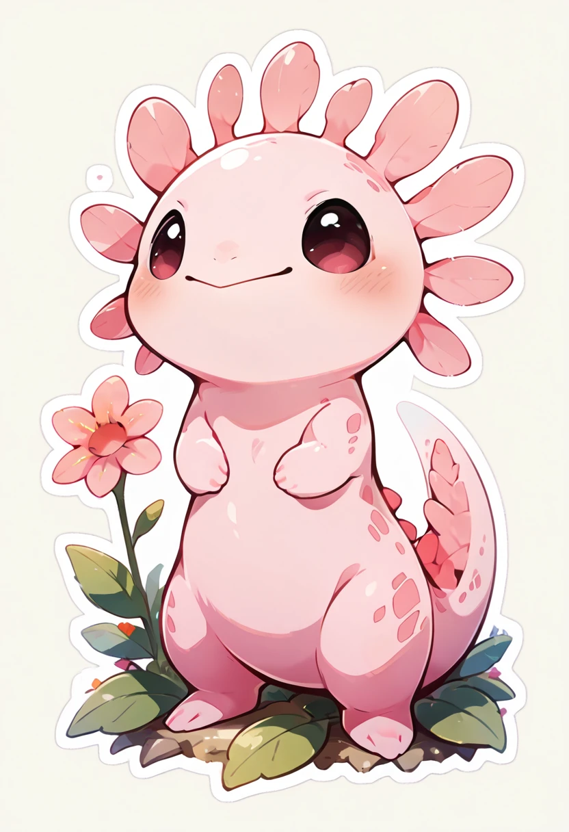 solo, blush, smile, simple background, white background, closed mouth, tail, full body, flower, no humans, outline, :>, white outline, animal focus, axolotl, pink skin, ,<lora:KawaiiKritterIXL:1.0>,