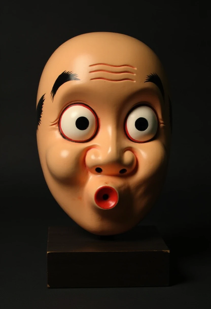 A close-up of the mask, placed on an expensive black lacquered stand,hyottoko, <lora:hyottoko:1>,