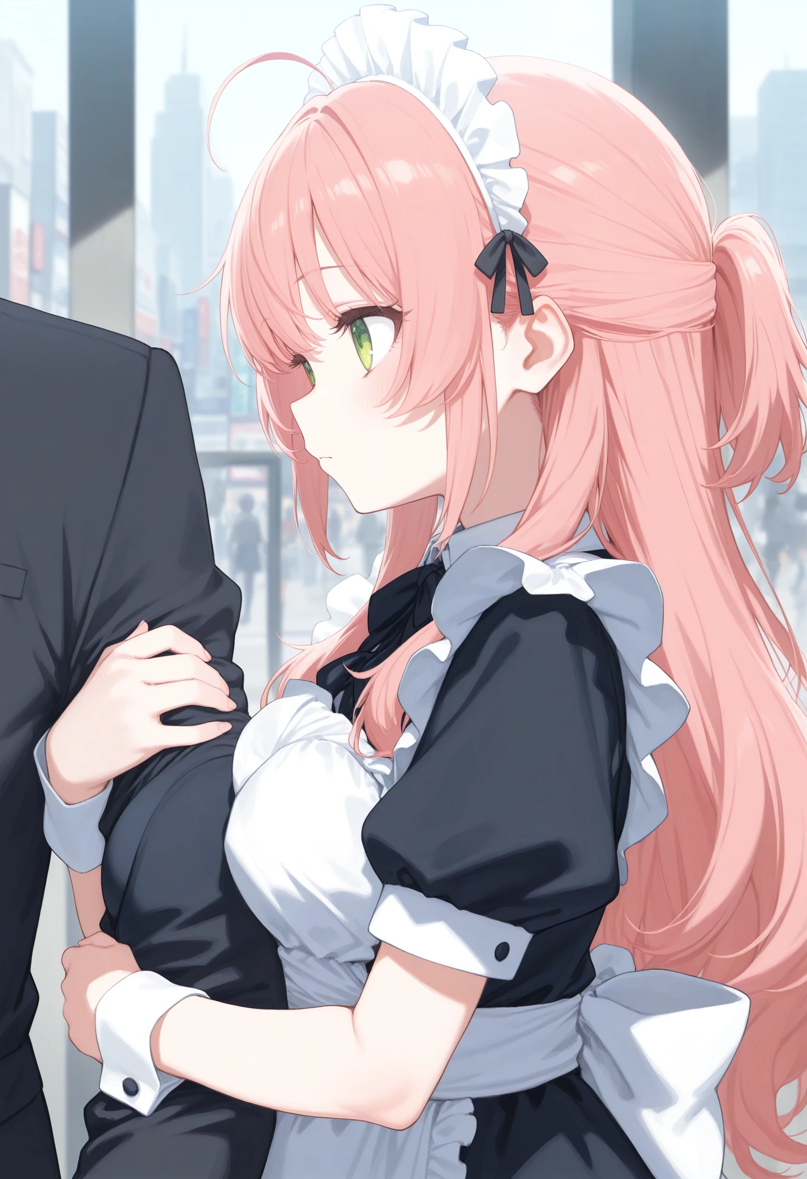 1girl,(sho \(sho lwlw\):0.7),(toosaka asagi:0.5),(sincos:0.3),solo,
masterpiece, best quality, newest, absurdres, CG, anime, source anime, illustration,
maid, maid headdress,medium breasts,
arm hug,solo focus, out of frame, holding another's arm, <lora:armhug_Illust_v1:0.8>
from side, portrait, looking to the side, pink hair, green eyes,scowl, Tokyo city, closed mouth, half updo hair,