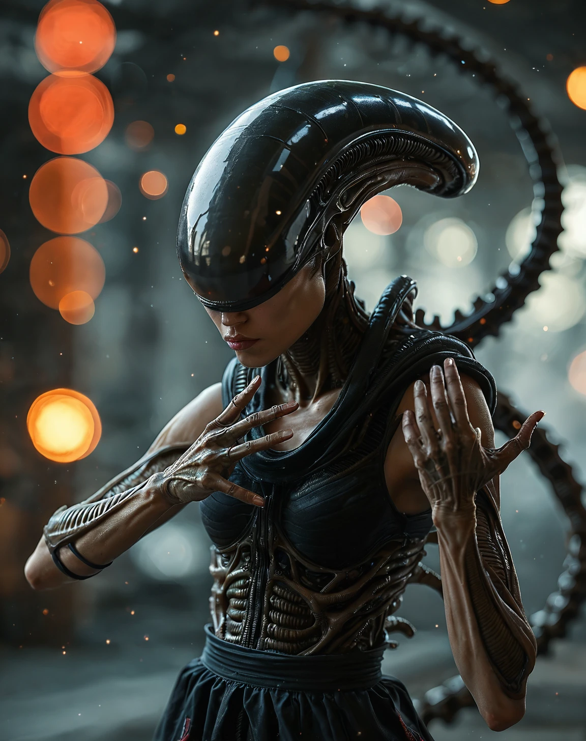 upper body epic realistic portrait of (young [ german : french :0.4] woman:1.2) practicing (wu-xing fighting:0.9) against the (brutal xenomorph ninja:1.25), blurry xenomorphs in smooth background with bokeh, realistic feminine anatomy, real female limbs proportions, intricate wavy kung-fu dress, (perfect feminine hands, correct fingers, ideal arms, artistic dynamic pose:1.25), film grain, realism, hyperrealistic, (shallow depth of field, frontal bokeh, light particles flying in air, volumetric light, light caustics, refraction, reflection, v-ray, ray tracing:1.15)
BREAK (finest details, hires, high quality, realistic colors, true color palette:1.15), (score_9, score_8_up, source_photo, source_real, rating_explicit, high details. source_photo. content_realistic. analog_photograph:1.1).  eyedetailpxl,
BREAK    soft focus,  (shallow depth of field, Helios_44_2 swirly bokeh:0.6), (light leaks, gloom:0.4), (analog film simulation:0.8),  
<lora:detailed_notrigger:0.35>