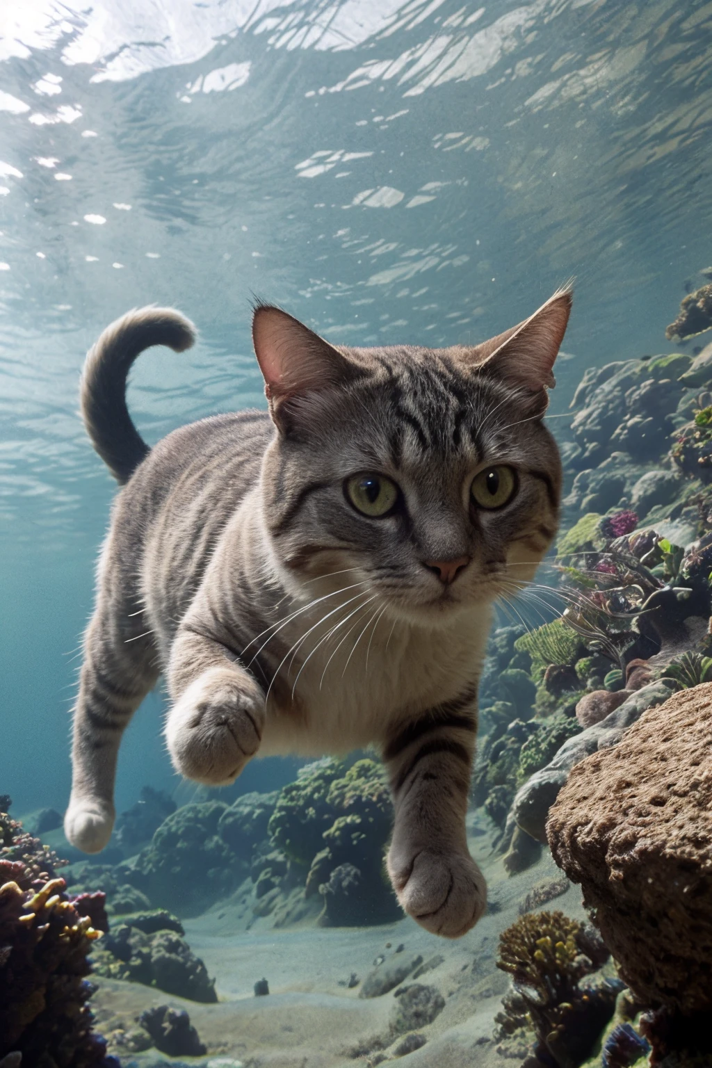 the cat is white,underwater,