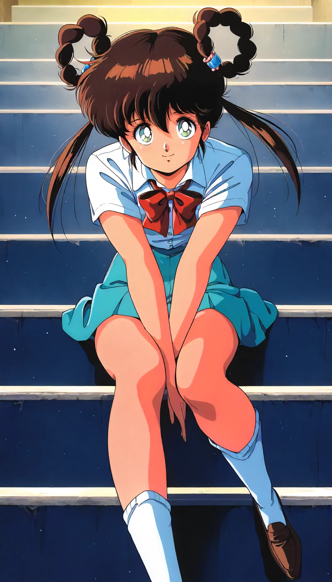 <lora:MHY_mano_youkoXLIllustrious001>,
masterpiece,best quality,good quality,newest,
glitter,
smile,
looking at viewer,
solo,
anime coloring,retro artstyle,1980s \(style\),
mano_youko\(mamono_hunter_youko\),1girl,brown hair,hair rings,twintails,green eyes,
collared_shirt,white shirt,short_sleeves,red bow tie,
aqua skirt,
socks,loafers,