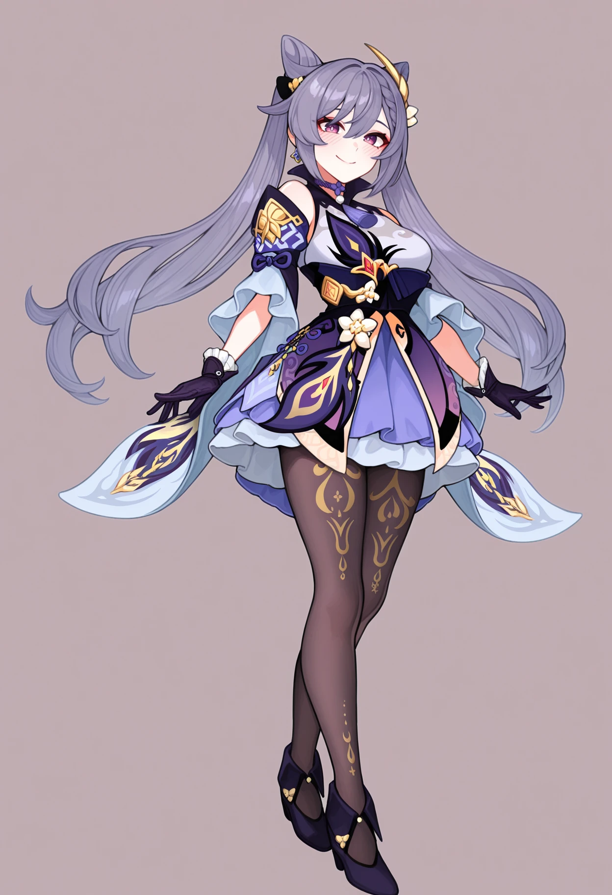 masterpiece, best quality, absurdres, highres, newest, 1girl, solo, simple background, <lora:kenkoucross-artist-richy-v1_ixl:1> <lora:keqing-gi-richy-v1_ixl:1> kqngdf, purple eyes, purple hair, long hair, twintails, double bun, cone hair bun, braid, hair between eyes, hair ornament, medium breasts, purple choker, neck tassel, purple dress, frills, detached sleeves, black pantyhose, purple gloves, earrings, smile, blush, standing, full body,