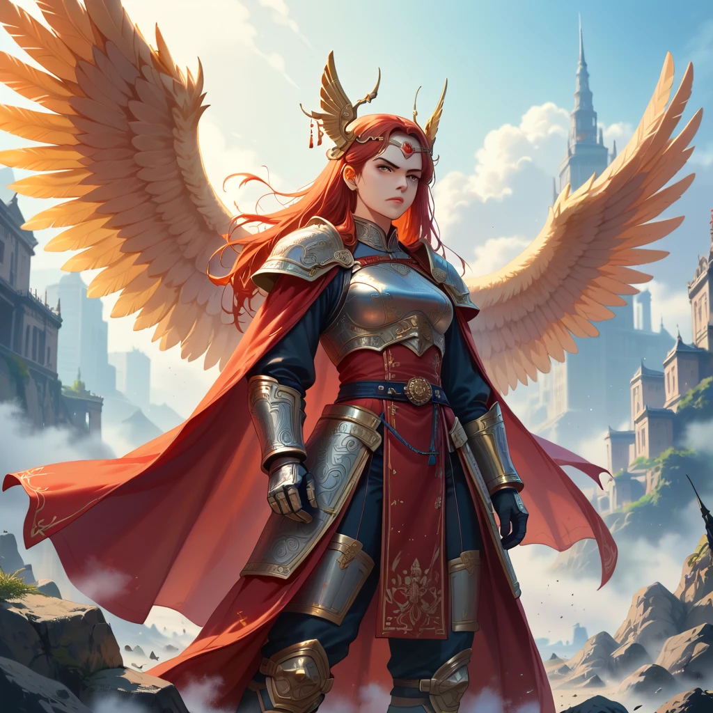 score_9, score_8_up, score_7_up, extremely detailed wide view of amazing scene everything detailed, a highly detailed digital artwork depicting a majestic female warrior with large, feathered wings, standing atop a rocky outcrop, the warrior is dressed in ornate, metallic armor with intricate designs and a long, flowing red cape that billows behind her, adding a sense of grandeur and majesty, her long, red hair is tied back with a matching headpiece, and she has a stern, determined expression, the background features a stunning sunset over a cityscape with tall buildings and a distant mountain range, the sky is filled with vibrant, orange and yellow hues, creating a dramatic contrast with the metallic armor and cape, the city below is shrouded in mist and fog, adding to the ethereal atmosphere, the overall style of the artwork is highly realistic with a touch of fantasy, emphasizing the warrior's strength and majesty, (HD, masterpiece, best quality, hyper detailed, ultra detailed),amazing, , traditional_chinese_clothes_pony<lora:pony\mine\traditional_chinese_clothes_pony.safetensors:0.6:0.6>