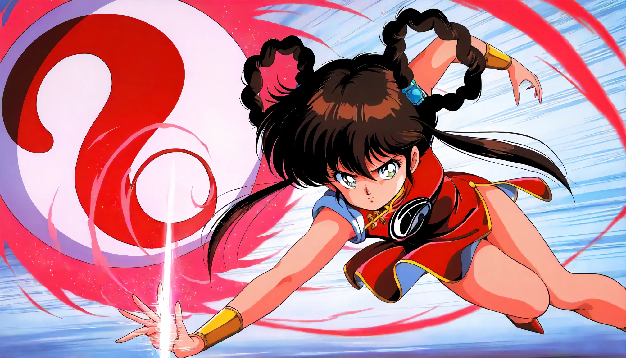 <lora:MHY_mano_youkoXLIllustrious001>,
masterpiece,best quality,good quality,newest,
glitter,
serious,
looking at viewer,
solo,
anime coloring,retro artstyle,1980s \(style\),
mano_youko\(mamono_hunter_youko\),1girl,brown hair,hair rings,twintails,green eyes,
red china_dress,sleeveless,yin yang,side slit,
bracer,
ankle guard,
high heels,
(motion_blur:1.3),(motion line:1.2),(speed_lines:1.1),
speech bubble,sound effects,
fighting_stance,magic,aura effect,