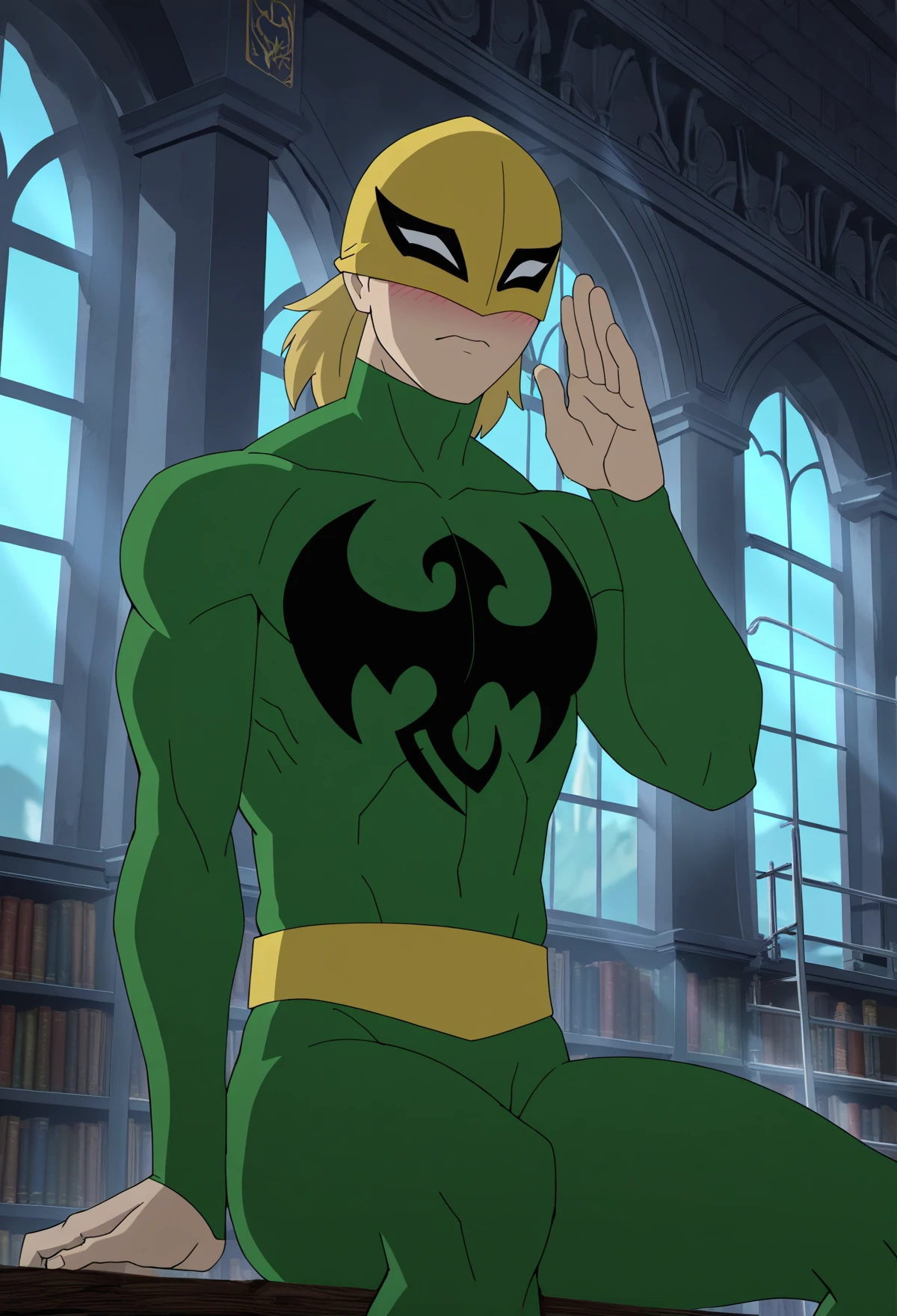 masterpiece,best quality,very aesthetic,absurdres,newest,1boy,solo,ironfist, BLONDE HAIR, upper-face mask, yellow mask, green bodysuit,yellow belt,dragon emblem,chest emblem,<lora:Ultimate_web_warriors:0.7>,Sitting, looking up thoughtfully,ancient library, towering shelves, ladder on wheels, faded manuscripts, whispering echoes,embarrassed,Shifting light beams
