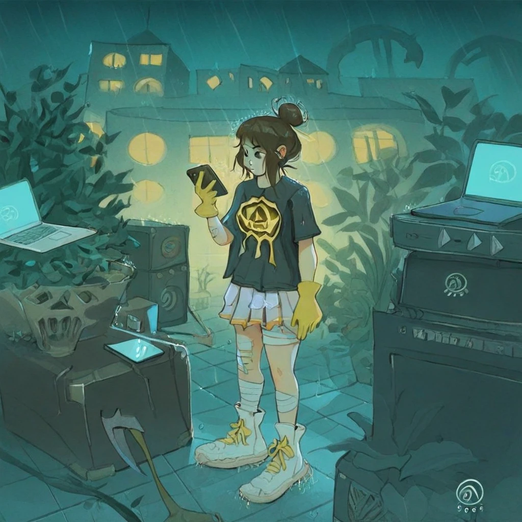 W1tchyC0ttagec0re, bandaged leg, night, laptop, amplifier, yellow gloves, single hair bun, white footwear, plant, cellphone, standing, building, sickle, rain, tiles, halloween
