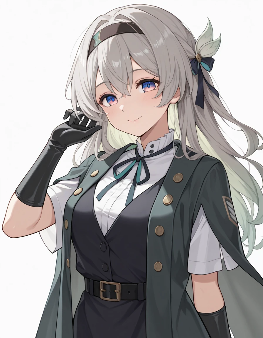 (masterpiece), (best quality), (ultra-detailed), illustration, disheveled hair, detailed eyes, perfect composition, moist skin, intricate details BREAK, Fireflysuit, grey hair, purple eyes, blue eyes, multicolored eyes, 1girl, solo, long hair, green hair, frills, belt, FF_hairband, FF_hair_ornament, JR_jacket, JR_skirt, JR_gloves, looking at viewer, white background, standing, smile, hand up, neck ribbon, black vest, white shirt, upper body
