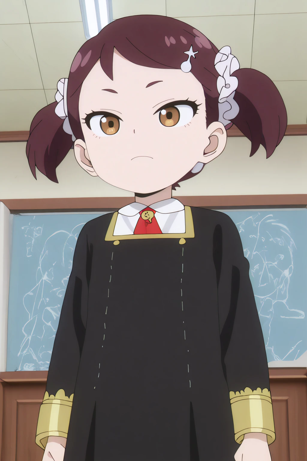 newest, anime coloring, anime screencap, Becky Blackbell, perspective, classroom, blackboard <lora:Spy_X_Family_-_Becky_Blackbell-Illustrious:0.8>