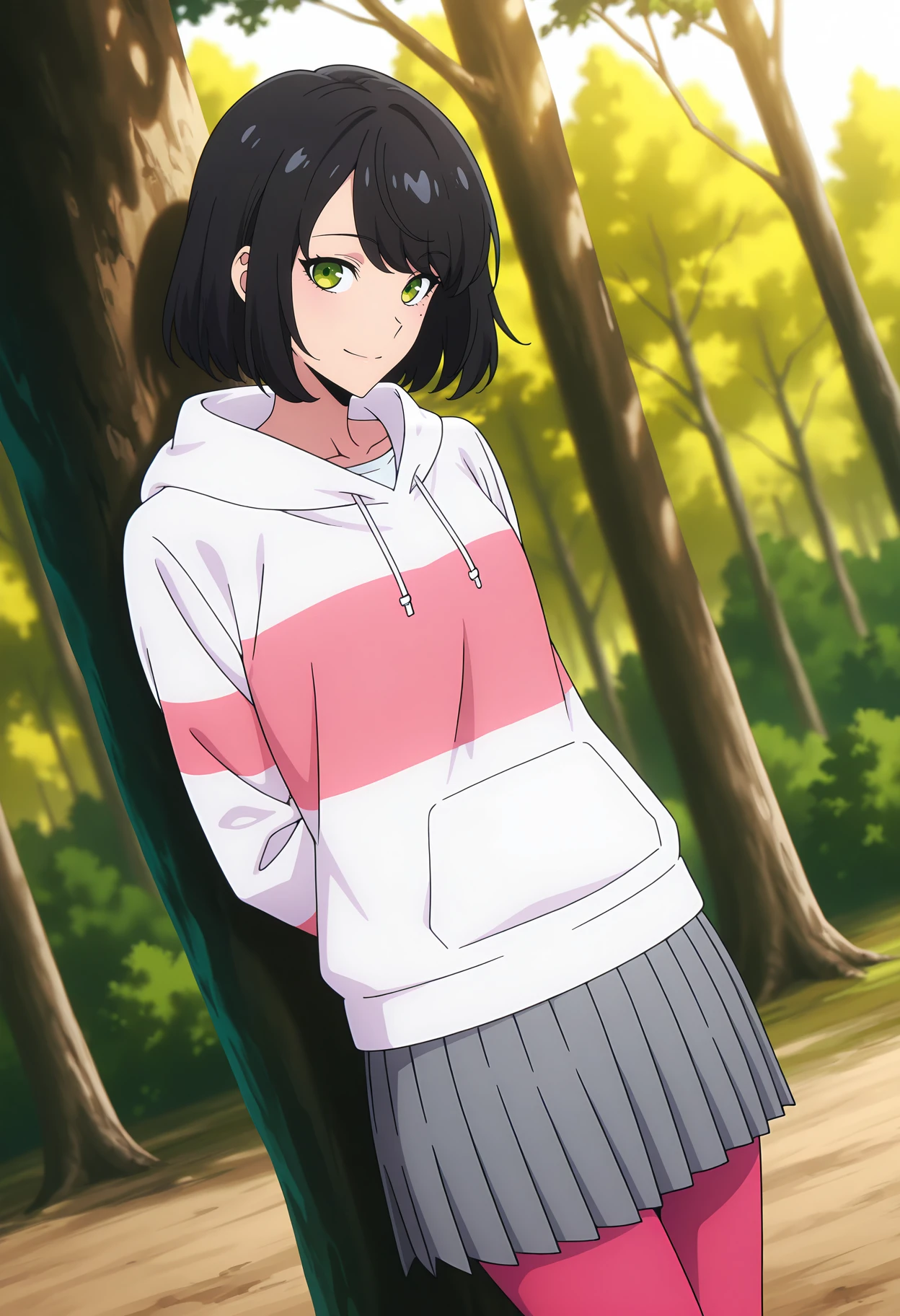 anime screencap, masterpiece, best quality,
<lora:SoloLeveling_HanSong-Yi_IlluXL:0.9>,
1girl, solo, closed mouth, smile,
medium hair, black hair, swept bangs, green eyes, mole under eye,
SongYiCasual, hood down, striped hoodie, white hoodie, pink hoodie, pleated skirt, grey skirt, pink pantyhose,
arms behind back, leaning back, standing, looking at the viewer, dutch angle,
outdoors, tree, forest, nature, blurry background