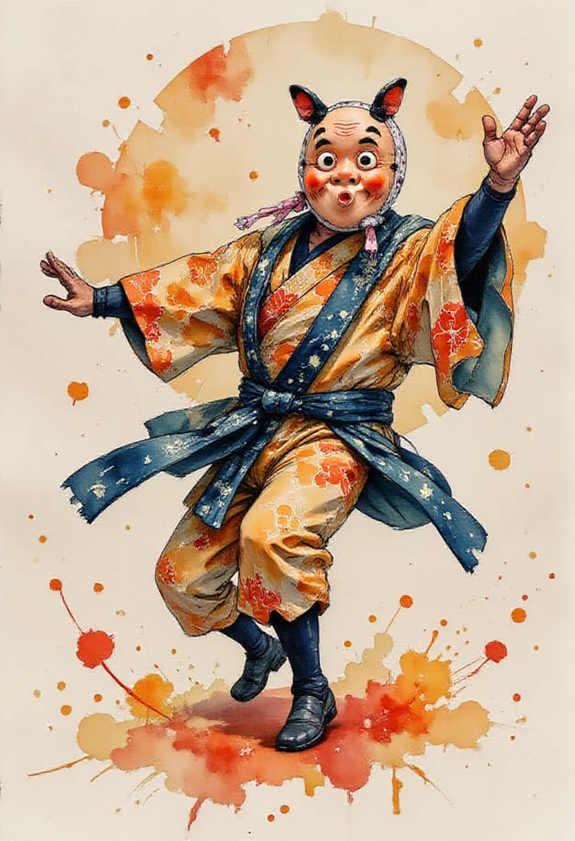 A masked man is dancing wearing a happi coat over his kimono, depth of field,hyottoko, <lora:hyottoko:1>, <lora:FluxWatercolor:1> Jedwtclr, watercolor art