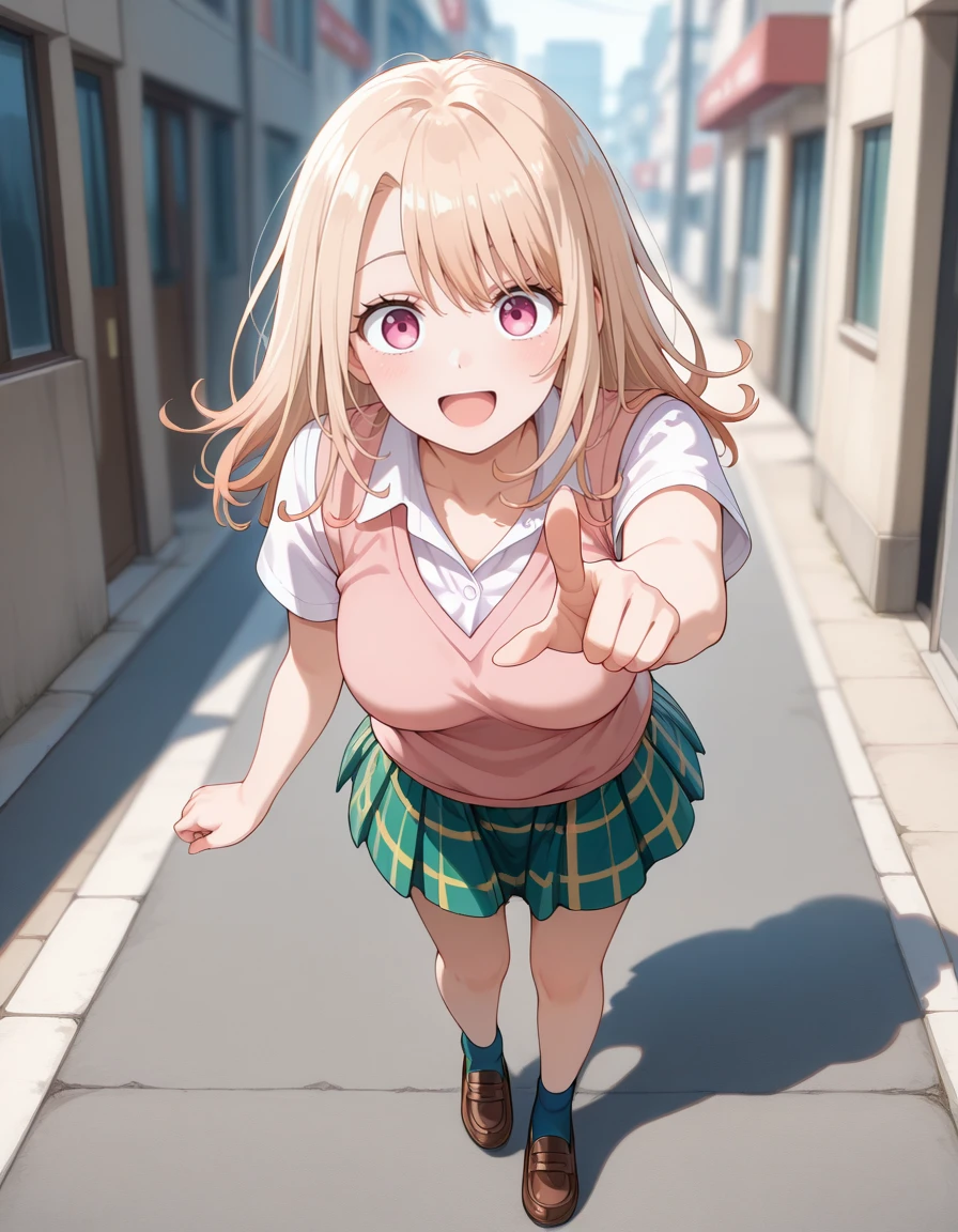 masterpiece, best quality, amazing quality,
1girl, solo, blurry background, looking at viewer, full body, walking, open mouth, outdoors, street, buidlings, happy, pointing at viewer,
mona kawai (medakawa), long hair, blonde hair, parted bangs, pink eyes,
school uniform, white collared shirt, pink sweater vest, collarbone, short sleeves, green plaid skirt, blue socks, brown loafers,
<lora:mona_kawai-medakawa_s1-ixl-anime-soralz:1>