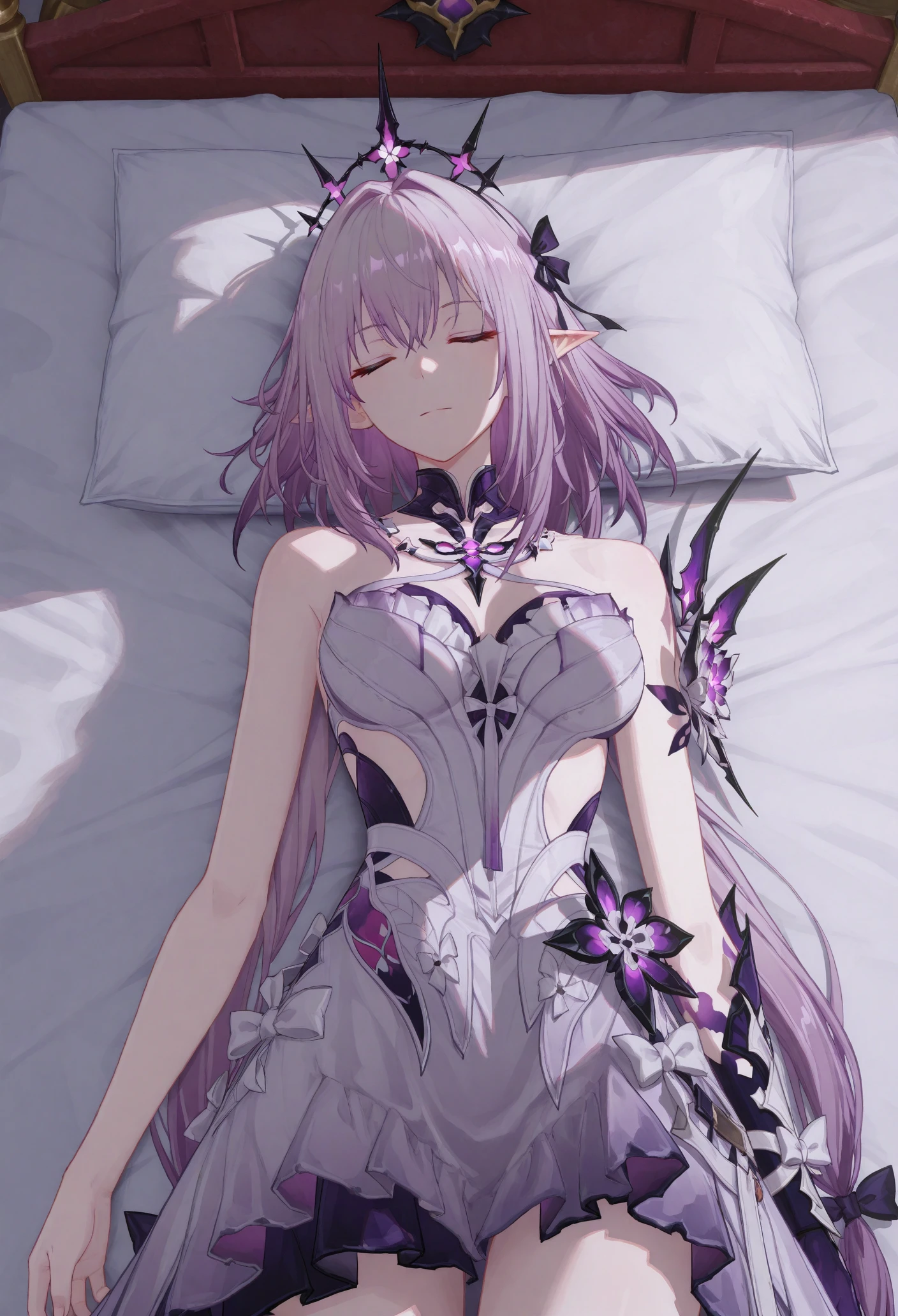 1girl, castorice, pointy ears,
lying on bed, facing viewer, from above,
masterpiece, <lora:castorice10:0.85>,