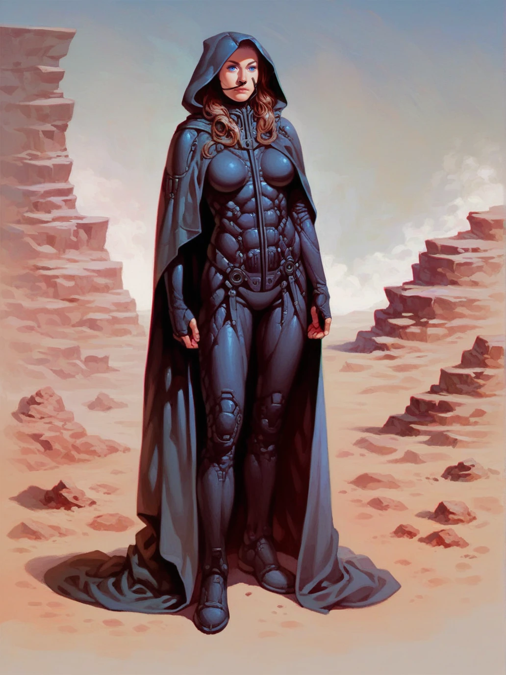 score_9, score_8_up, score_7_up, <lora:stillsuit-1984:1> lyncsuit_ponyv1, science fiction, shoulder long hair, blue eyes, bronze tan, full body, matte black bodysuit, nose tube, 1girl, cloak, hood, desert, high quality, detailed, intricate details, best quality,