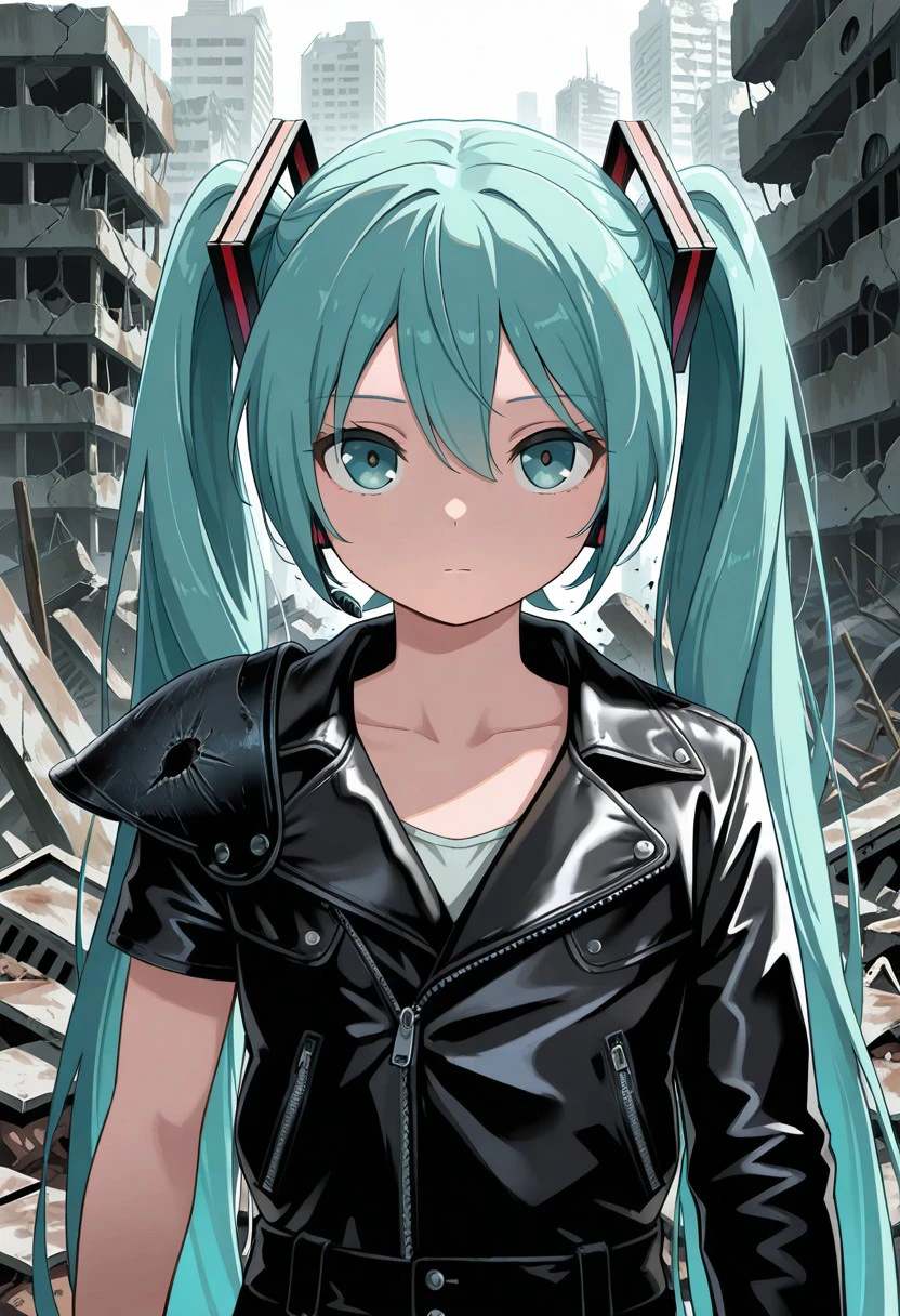 official art, masterpiece, best quality, absurdres, very aesthetic, 1girl, female focus, solo, Hatsune Miku, aqua hair, twintails, aqua eyes, trwjkt, leather jacket, asymmetrical clothes, asymmetrical sleeves, single pauldron, zipper, zipper pull tab, standing, upper body, looking at viewer, ruins, post-apocalyptic, ruined city,