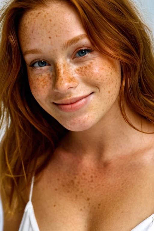 masterpeice, best quality, ultra realistic, freckles, freckled skin, 1girl, solo, long hair, looking at viewer, cleavage, jewelry, seductive smile, lips, hazel brown eyes, freckles, realistic, <lora:Freckles_XL:1>