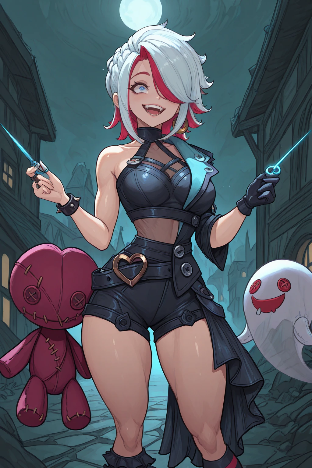 masterpiece, good quality, best quality, very awa, very as2, absurdres, highres
<lora:alvaStyleilluLYC:1>alva 1girl, sexy clothes, outdoors
<lora:MellisaIllustriousLoRA:1> Mllsa, short hair, two-tone hair, braid, earrings, hair over one eye, halterneck, crop top, cleavage cutout, single bare shoulder with single bandaged arm, jacket, single sleeve, single spiked bracelet with single glove, ring, see-through midriff, shorts, loose belt, waist cape, heart-shaped buckle, asymmetrical sleeves, striped socks, red boots with spikes, stuffed toy on loose belt, weapon, Holding Needle, glowing, Ghost, crazy smile