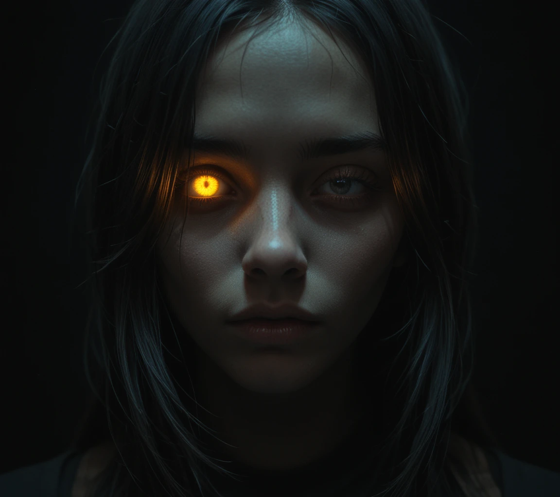 make-up, black background, darkness, dark room, concept art, pitch black, night, 1girl, in shadows, one glowing eye, one eye closed, face close up, shadow face, hair over face, illuminated, reflections, yellow, score_9, score_8_up, score_7_up, score_6_up, score_5_up, score_4_up,