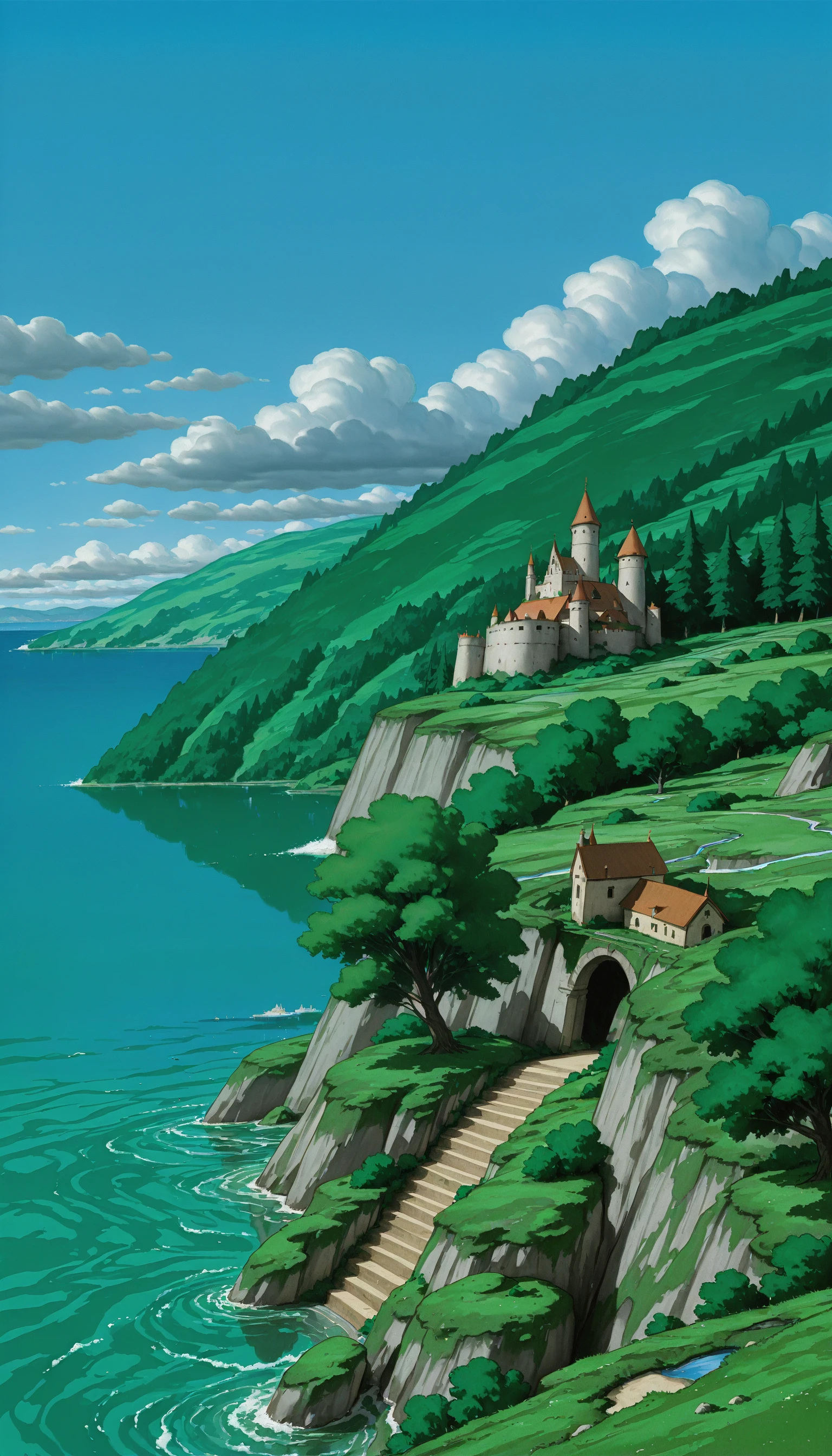 ((cartoon, traditional_media, original, landscape, cowboy_shot, dutch angle))
((on-the-brink, original, sky, outdoors, day, cloud, water, tree, blue_sky, no_humans, shadow, ocean, beach, cloudy_sky, grass, building, nature, scenery, forest, reflection, stairs, rock, fantasy, horizon, watercraft, wall, house, ruins, bridge, castle, river, ship, pillar, tower, landscape, waves, lake, shore, hill, cliff, moss, still_life))