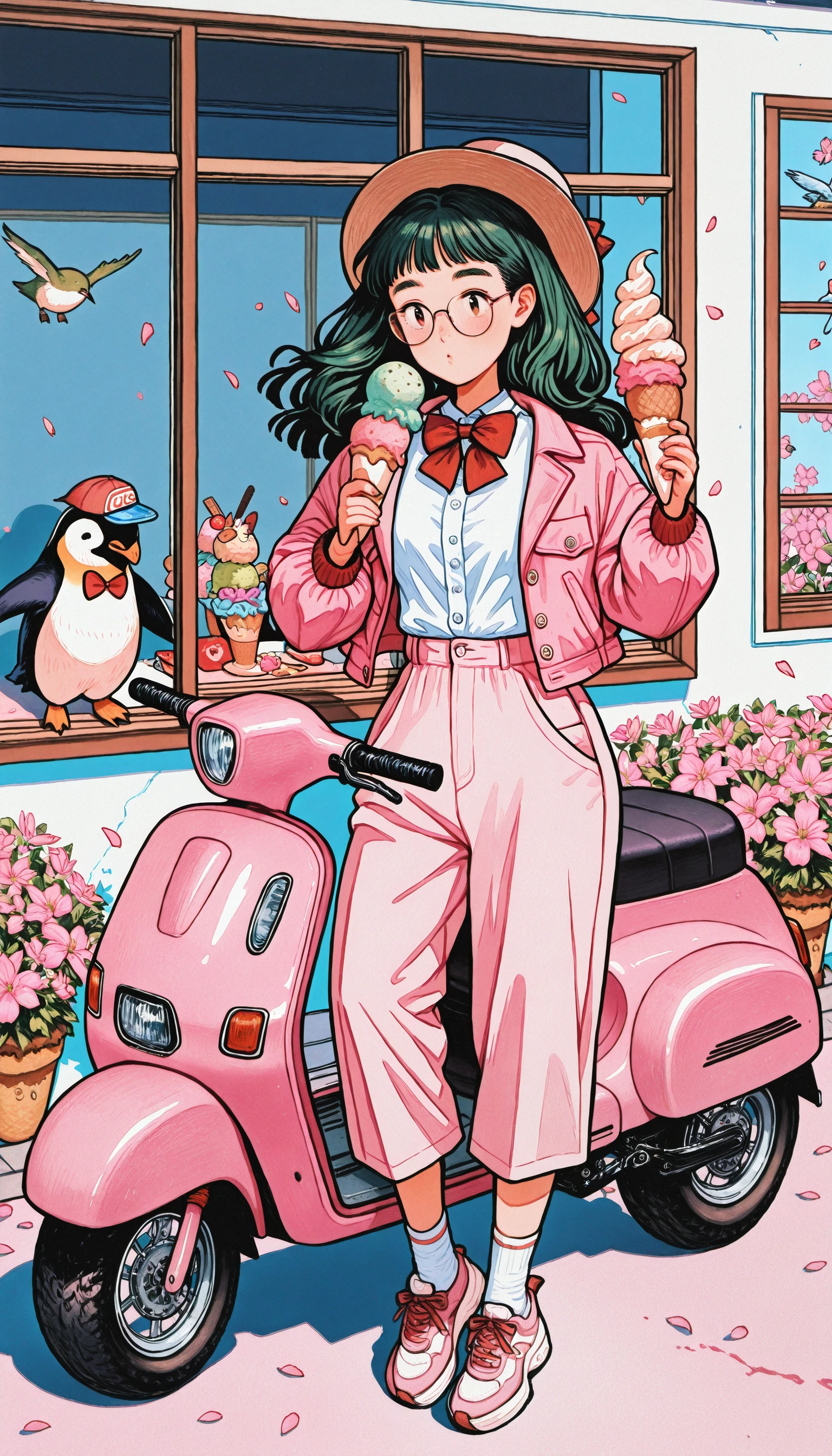 ((Cuti3C0mics 1girl, solo, shirt, black hair, hat, bow, holding, jacket, flower, food, green hair, shoes, glasses, socks, pants, bowtie, red bow, petals, window, shadow, bird, holding food, ground vehicle, red bowtie, motor vehicle, pink flower, ice cream, pink jacket, penguin ))