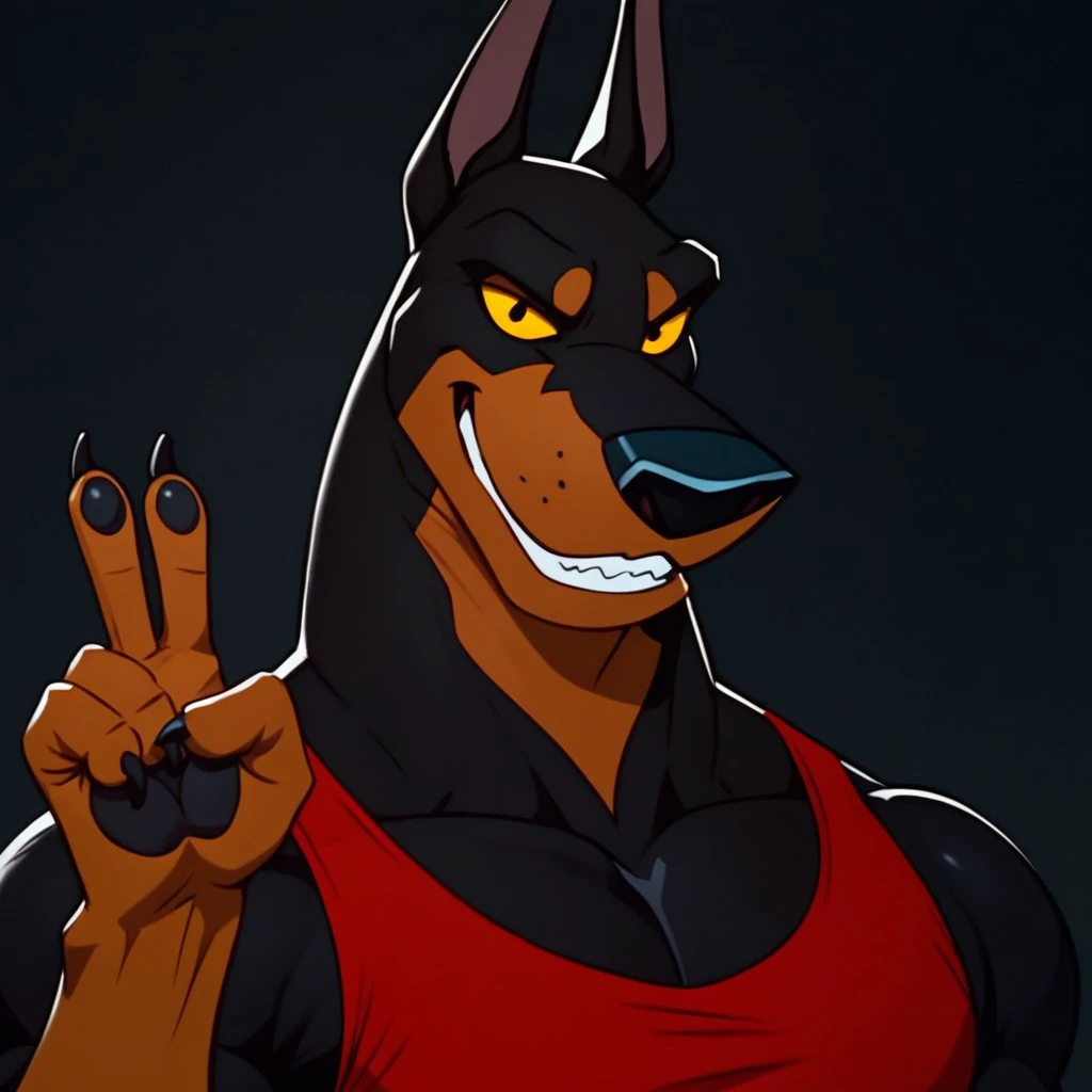 score_9, score_8_up, score_7_up, Expressiveh, masterpiece, best quality, highly detailed, realistic, 1boy, solo, (RoscoeOAC, furry, anthro, canine, doberman, black nose, yellow sclera, black eyes, black body, black fur, brown body, brown fur, two tone body, two tone fur, muscular male), ((red tank top, clothed)), upper body, close-up, (((black background, simple background))), smile, looking at viewer, front view, standing, closed mouth, ((peace sign, 4 fingers)), claws, black paw pads, teeth, (ultra realistic, 32k, masterpiece:1.2), (high detailed skin:1.1), (high quality:1.1)