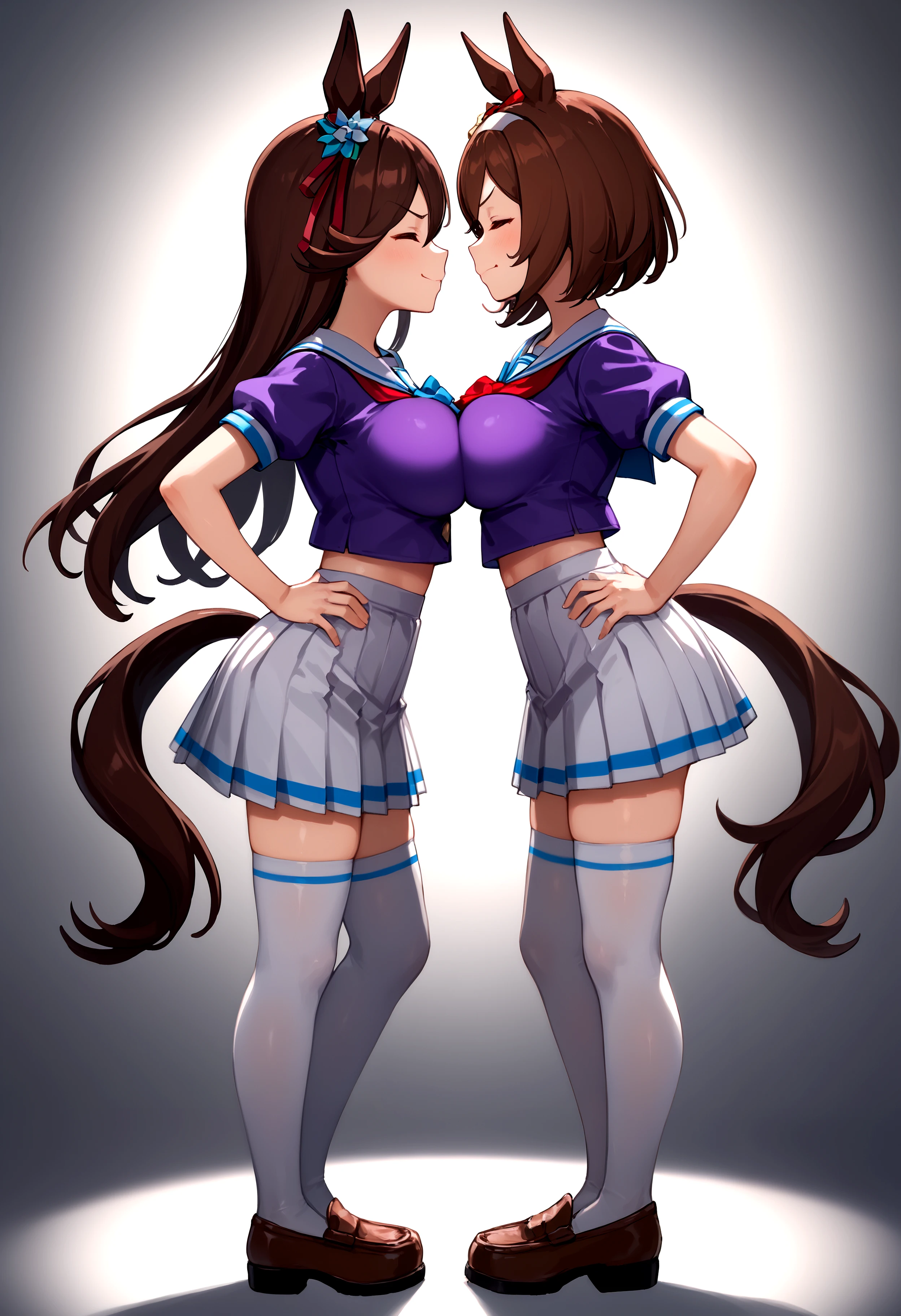 score_9, score_8_up, score_7_up, rating_explicit, cinematic lighting, volumetric lighting, detailed background, dramatic lighting, dramatic shadows, <lora:BCT_v1_Pony:1.4>, 2girls, multiple girls, BREAK, (hishi akebono (unamusume):1.2), (large breasts:1.2), tall, tall female, brown hair, long hair, brown hair, twintails, sidelocks, hair between eyes, animal ears, horse ears, horse tail horse girl, standing, hand on own hips, closed eyes, (leaning forward:1.2), smile, proud, v-shaped eyebrows, BREAK, (nishino flower (unamusume):1.2), short, short female. flat chest, horse ears, horse tail, horse girl, brown hair, bob cut, hairband, standing, looking up, pout, puff of air, upset, BREAK, serafuku, school uniform, tracen school uniform, skirt, white skirt, pleated skirt, puffy sleeves, purple shirt, short sleeves, ribbon, sailor collar, sailor shirt, horseshoe ornament, hair ribbon, miniskirt, highwaist skirt, thighhighs, white thighhighs, (asymmetrical docking:1.6), (height difference:1.2), size difference, breast press, from side, simple background, bordered background, full body