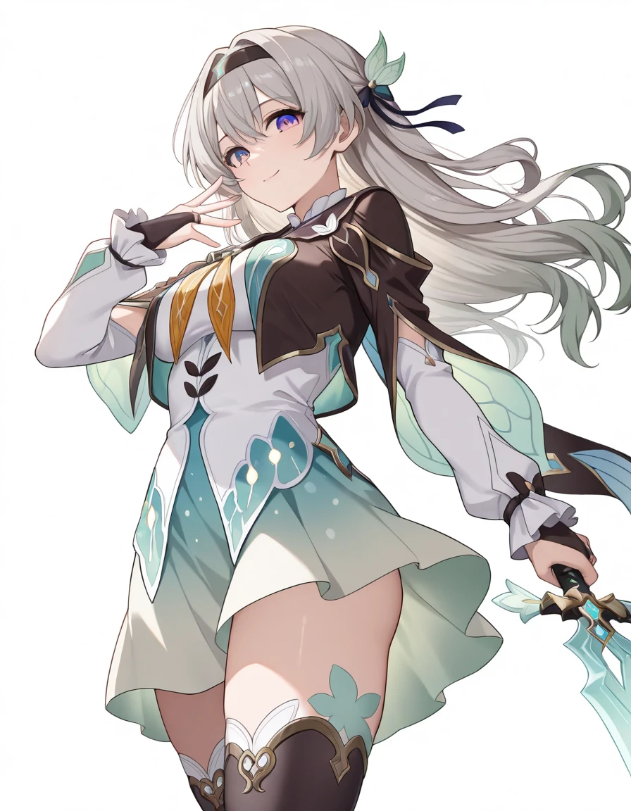 (masterpiece), (best quality), (ultra-detailed), illustration, disheveled hair, detailed eyes, perfect composition, moist skin, intricate details BREAK, Fireflydef, long hair, grey hair, green hair, purple eyes, blue eyes, multicolored eyes, medium breast, FF_hairband, FF_hair_ornament, FF_shirt, FF_skirt, FF_detached_sleeves, FF_jacket, FF_bow, FF_thighhighs, FF_sword, single bridal gauntlet, FF_bridal_gauntlet, 1girl, solo, looking at viewer, white background, white background, holding, closed mouth, holding sword, looking at viewer, standing, pose, smile, right hand up, very good lighting, (((detailed face, detailed fingers))), holding sword with left hand, upper body, big sword, from below, from side, jacket wings