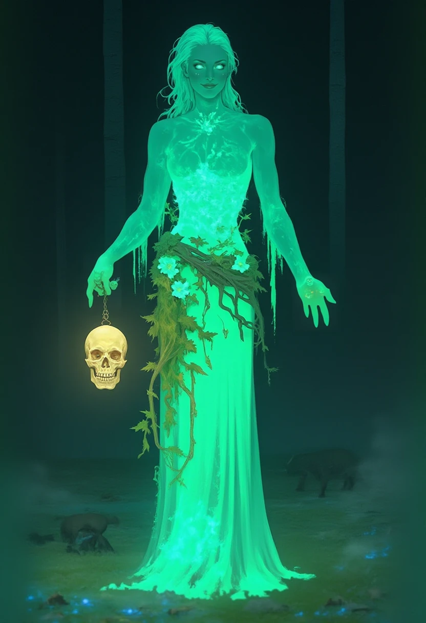 <lora:noctra-style:1.5>, digital illustration of A moonlit forest clearing reveals a ghostly dryad, with translucent skin and long, flowing silver hair interwoven with luminous moss. She wears a dress of woven moonlight, barely covering her form, with vines and luminescent flowers intertwining around her. Her eyes glow with an ethereal light, and she holds a skull-shaped lantern that emits swirling mist. The scene should be moody, with wisps of fog and ancient trees., n0ctra