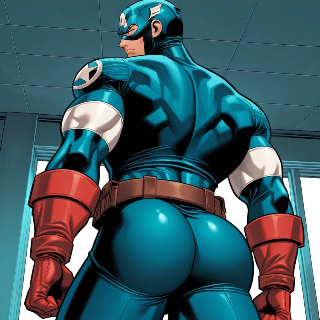 Male Captain America with a comically massive ass, huge butt, mega glutes, big ass, round ass, giant ass, wide ass, in Captain America uniform, huge ass, giant butt cheeks, America’s ass, thicc, thick ass, thick legs, guy with bubble butt, boy bubble butt
